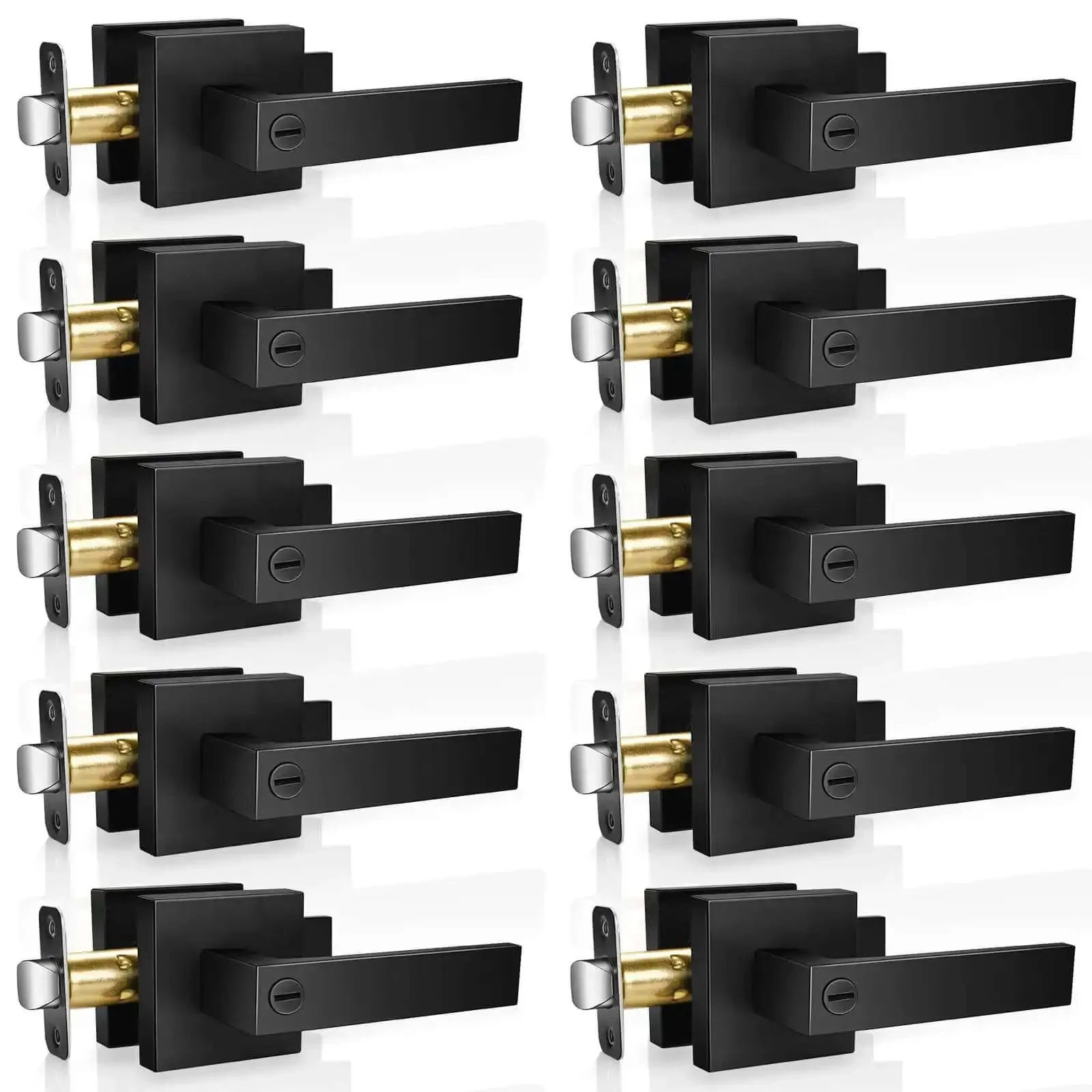 Privacy Door Levers Set In Matte Black Finish, Keyless Interior Door Handles With Lock For Bedroom And Bathroom, Heavy Duty Square Door Knobs, Reversible For Left Or Right Handed Doors, 10 Pack