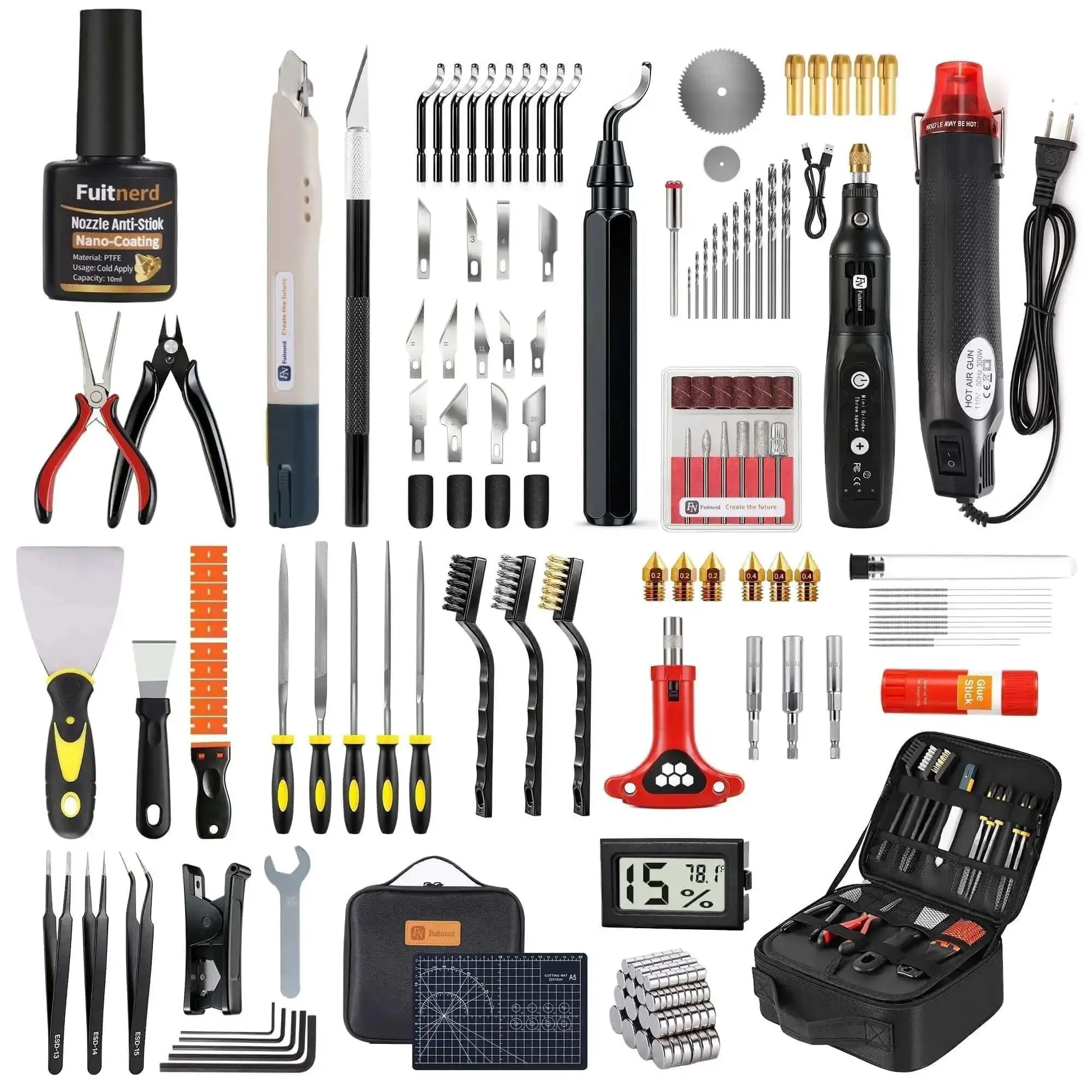 Pro Grade 142-Piece 3D Printer Tool Kit With 4-Layer Case, Cordless Rotary Tool, Heat Gun, PTFE Nozzle Anti-Stick, Cleaning And Deburring Gear For Bambu Lab X1 P1S K1 Ender 3 Anycubic And More