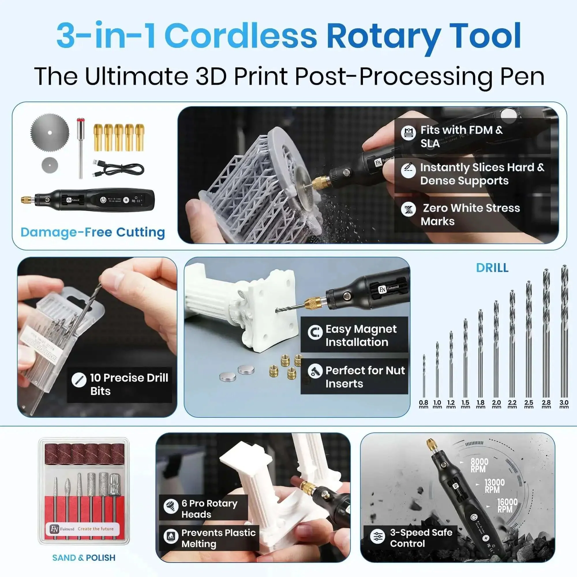 Pro Grade 142-Piece 3D Printer Tool Kit With 4-Layer Case, Cordless Rotary Tool, Heat Gun, PTFE Nozzle Anti-Stick, Cleaning And Deburring Gear For Bambu Lab X1 P1S K1 Ender 3 Anycubic And More - Image 8