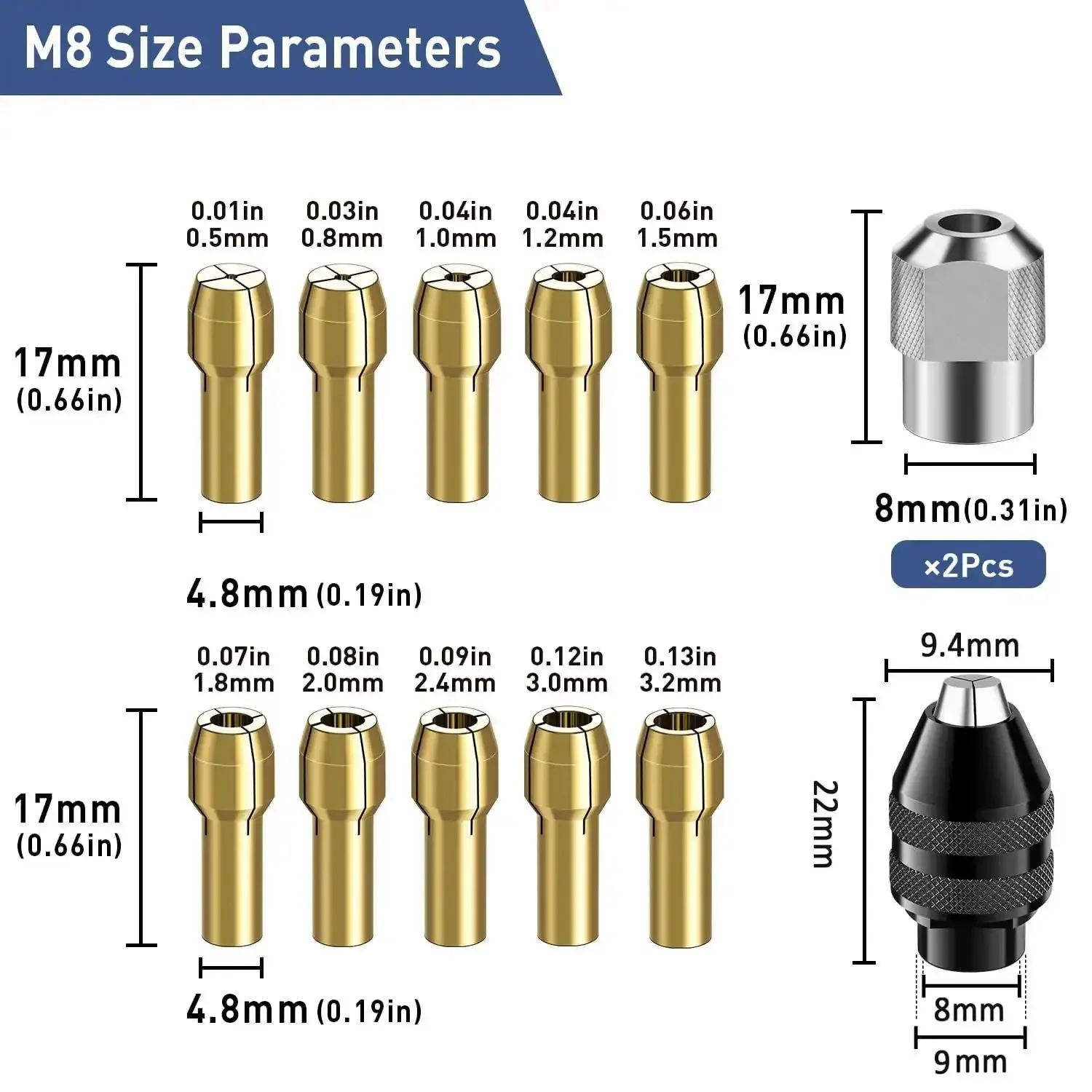 Pro Grade 15 Pc Drill Chuck Collet Set With Brass Collets And Nut Kit 0.8 To 3.2 mm Small Electric Drill Bit Collet For Rotary Tools Micro Twist Chucks Not For Dremel Tools - Image 5