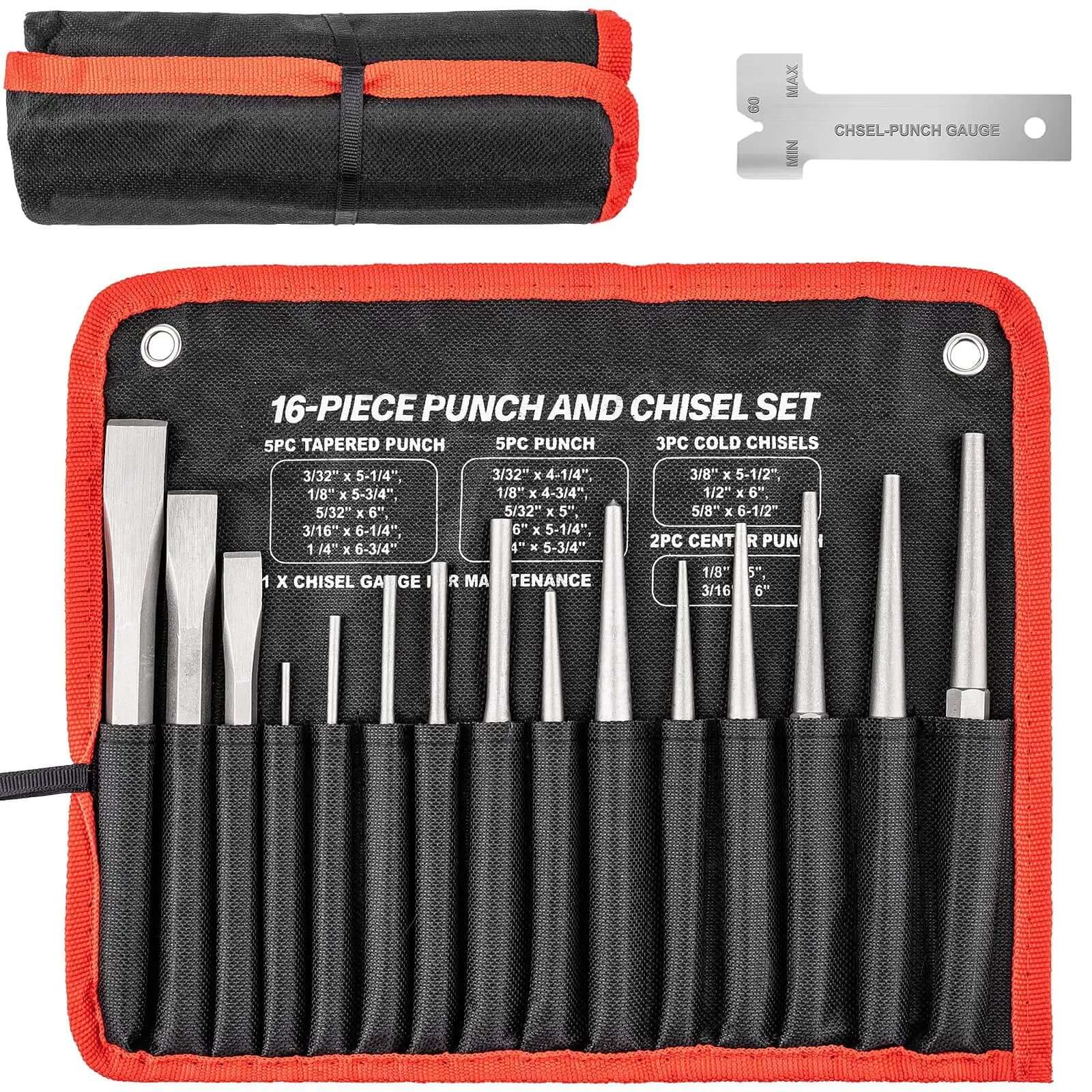 Pro Grade 16 Piece Punch And Chisel Set For Mechanic And Metalworking With Taper Punch Center Punch Pin Punches Cold Chisels And Chisel Gauge Heavy Duty Heat Treated Chrome Vanadium For Long Lasting Sharpness And Safer Non Blade Design