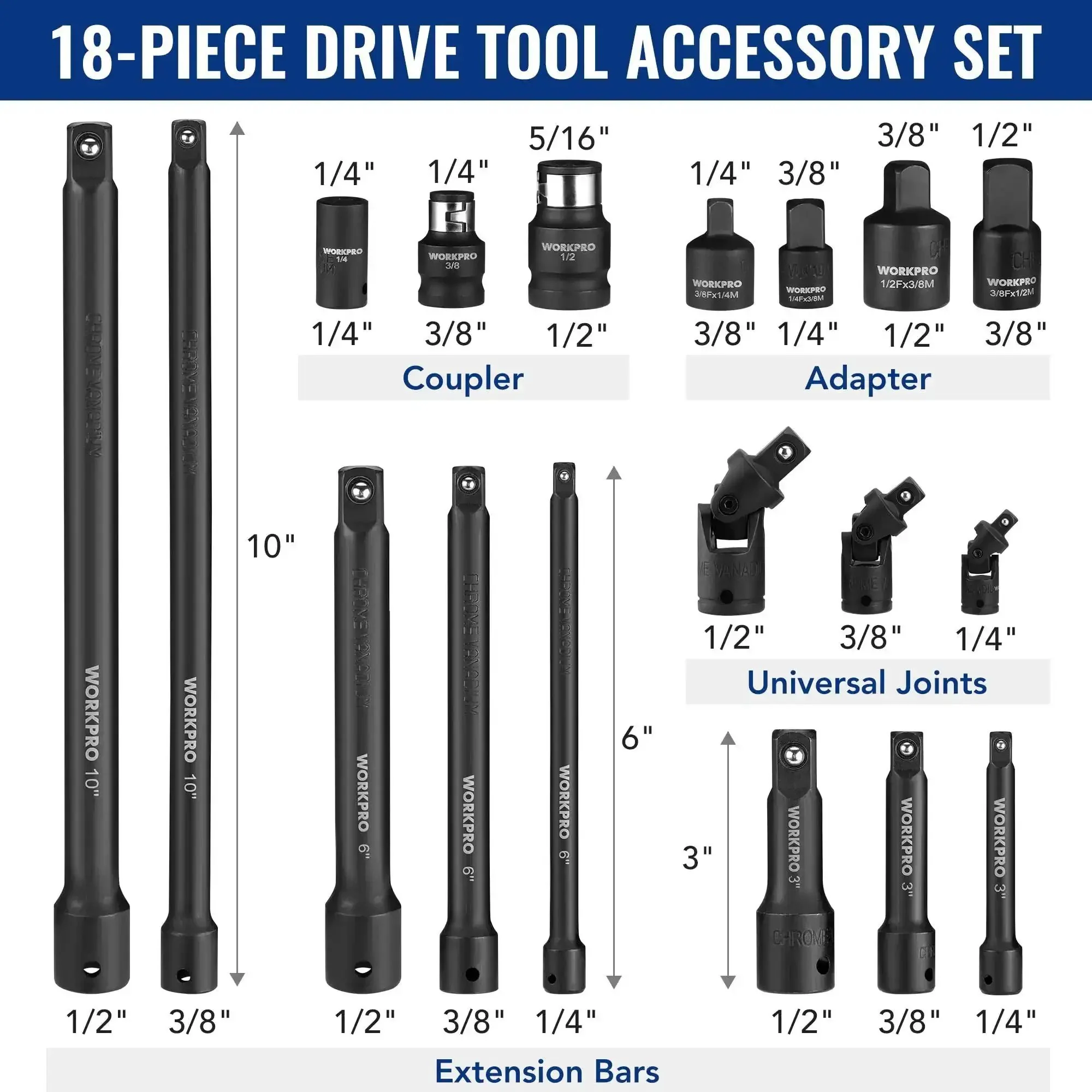 Pro-Grade 18-Piece Impact Socket Extension Set With Adapters, Ratchet Extensions, Extension Bars, Swivel Joints And Impact Coupler, 1/4, 3/8, And 1/2 Inch Drive - Image 8