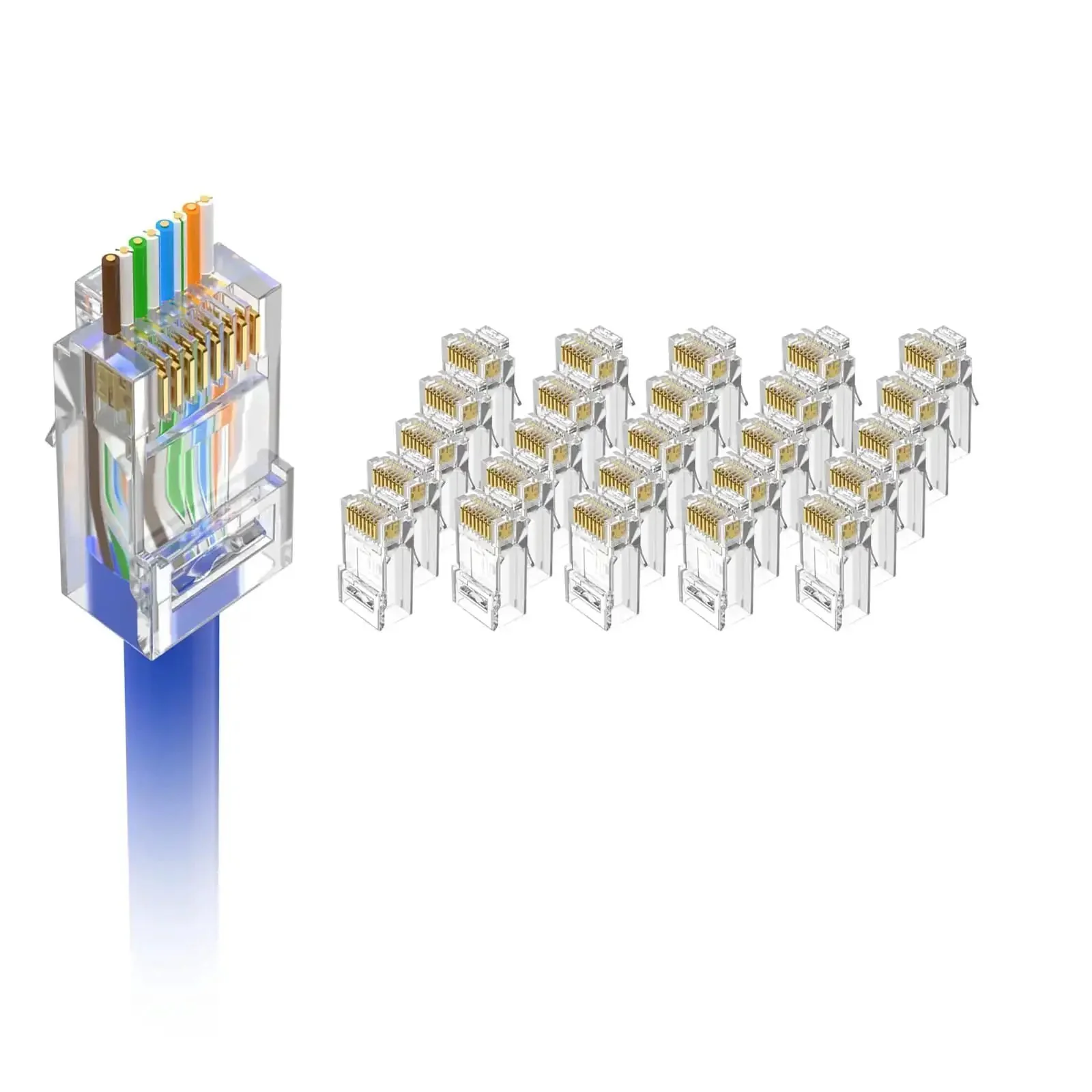 Pro Grade 25 Pack Cat6 RJ45 Pass Through Connectors, UL Listed, 10Gbps Unshielded Ethernet Plugs, Gold Plated 8P8C Ends For 23 To 26 AWG Cable, Solid Or Stranded UTP Network, Supports PoE