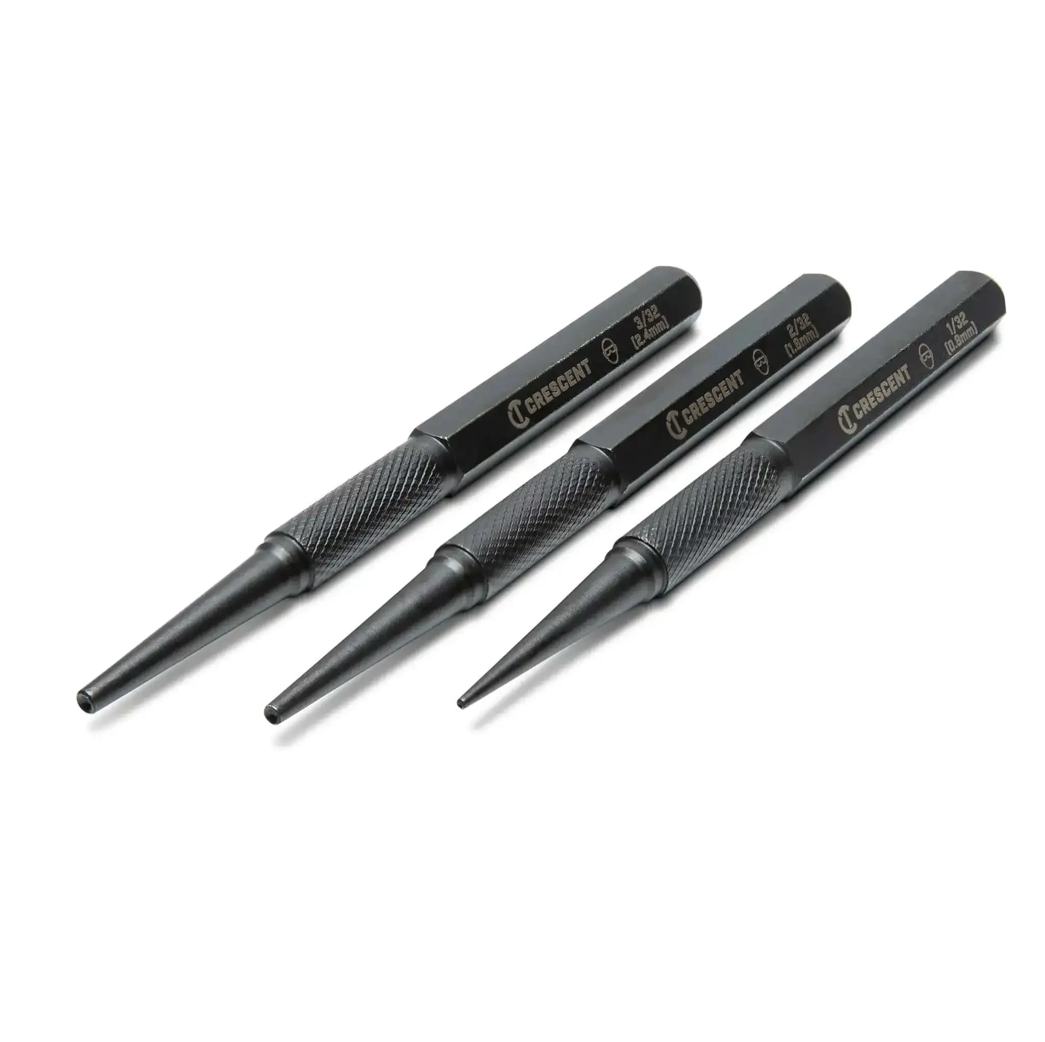 Pro Grade 3 Piece 5 Inch Steel Punch Set With Black Oxide Finish, Laser Etched Size Markings 1/32 2/32 3/32 Inch, Knurled Handles For A Firm Grip, Built Tough For Precise Punching In Metal And Wood Projects