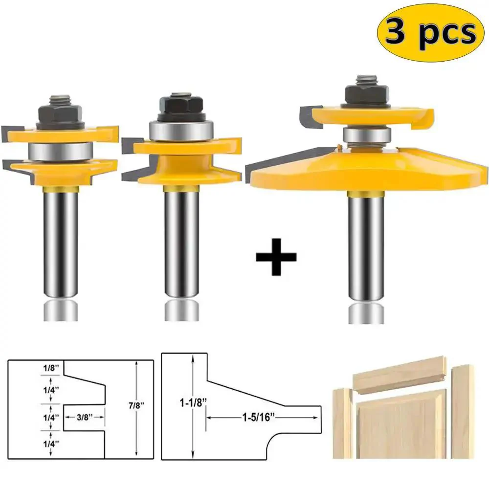 Pro Grade 3 Piece Router Bit Set With Half Inch Shank For Round Over And Raised Panel Cabinet Doors Rail And Stile Profiles Woodworking Carbide Bits For Tongue Groove Milling And Solid Wood Finishing - Image 2