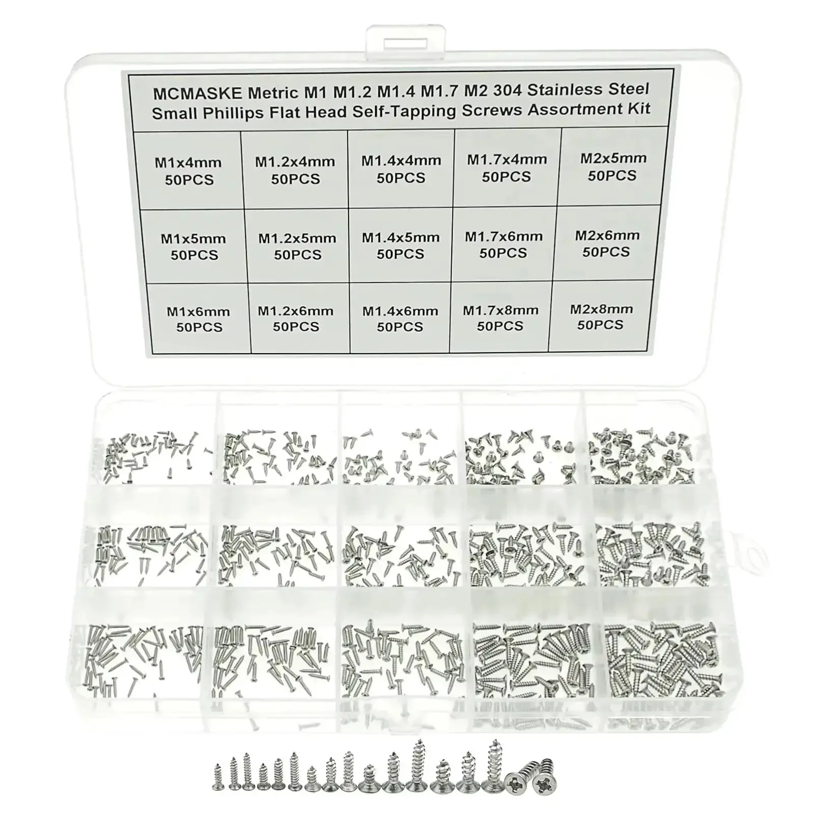 Pro Grade 750 Piece Metric Self Tapping Screws Kit In 304 Stainless Steel With Phillips Flat And Countersunk Heads Covers M1 To M2 Sizes Micro Size Assortment For Wood Metal Plastic DIY Projects Repairs And Everyday Fixes
