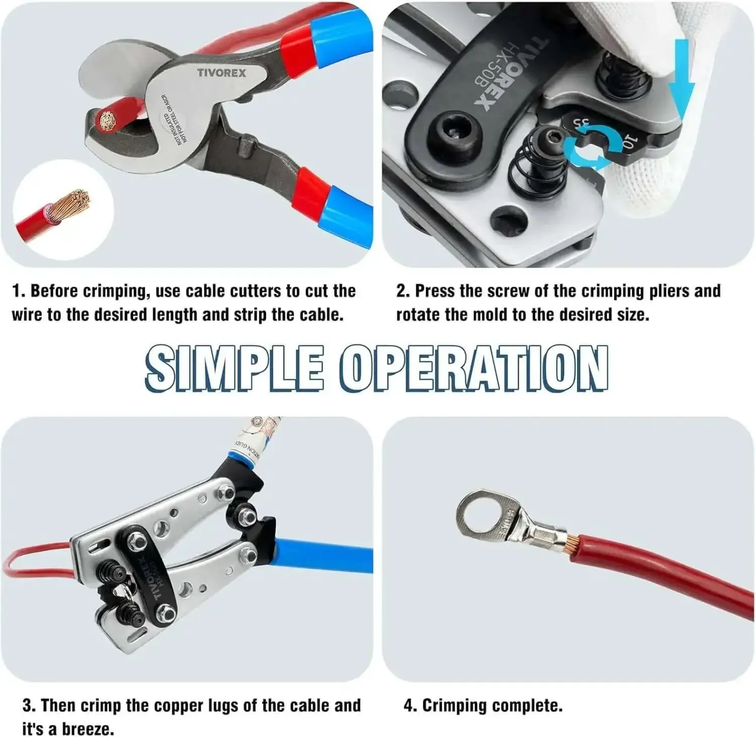 Pro Grade Battery Cable Lug Crimping Tool Kit For AWG Ten To One Zero Wires With 2 Cable Cutters 64 Ring Terminals And 70 Heat Shrink Tubes, Easy To Use, Precision Jaws For Tight Reliable Electrical Crimps - Image 3