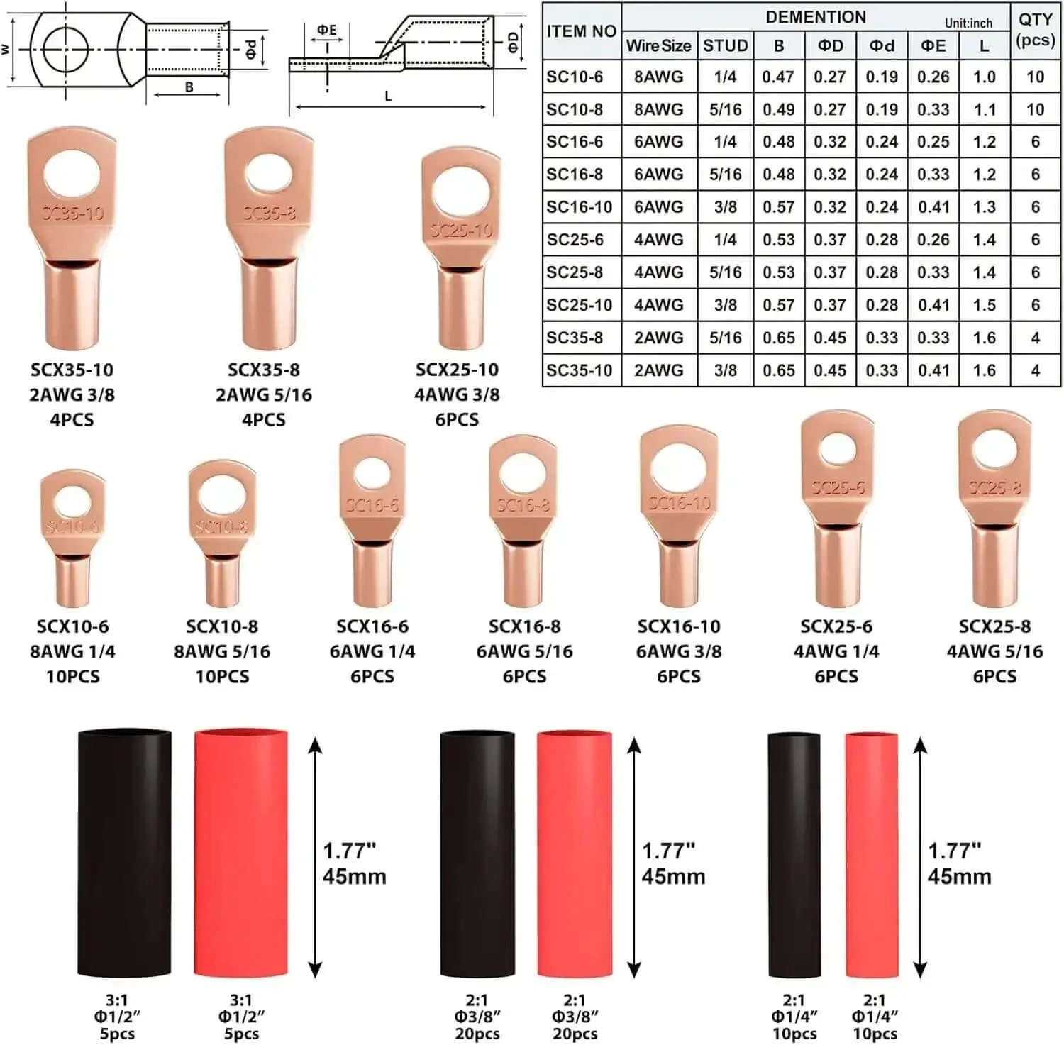Pro Grade Battery Cable Lug Crimping Tool Kit For AWG Ten To One Zero Wires With 2 Cable Cutters 64 Ring Terminals And 70 Heat Shrink Tubes, Easy To Use, Precision Jaws For Tight Reliable Electrical Crimps - Image 7