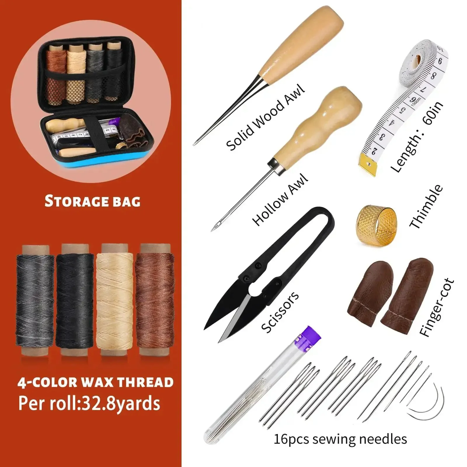 Pro Grade Beefed Up Leather Sewing Kit For Hand Stitching With Durable Needles, Waxed Thread, Awl, Thimble, Ruler And Heavy Duty Tools For Car Seats Sofas Shoes Carpets Upholstery Repair And DIY Craft - Image 6