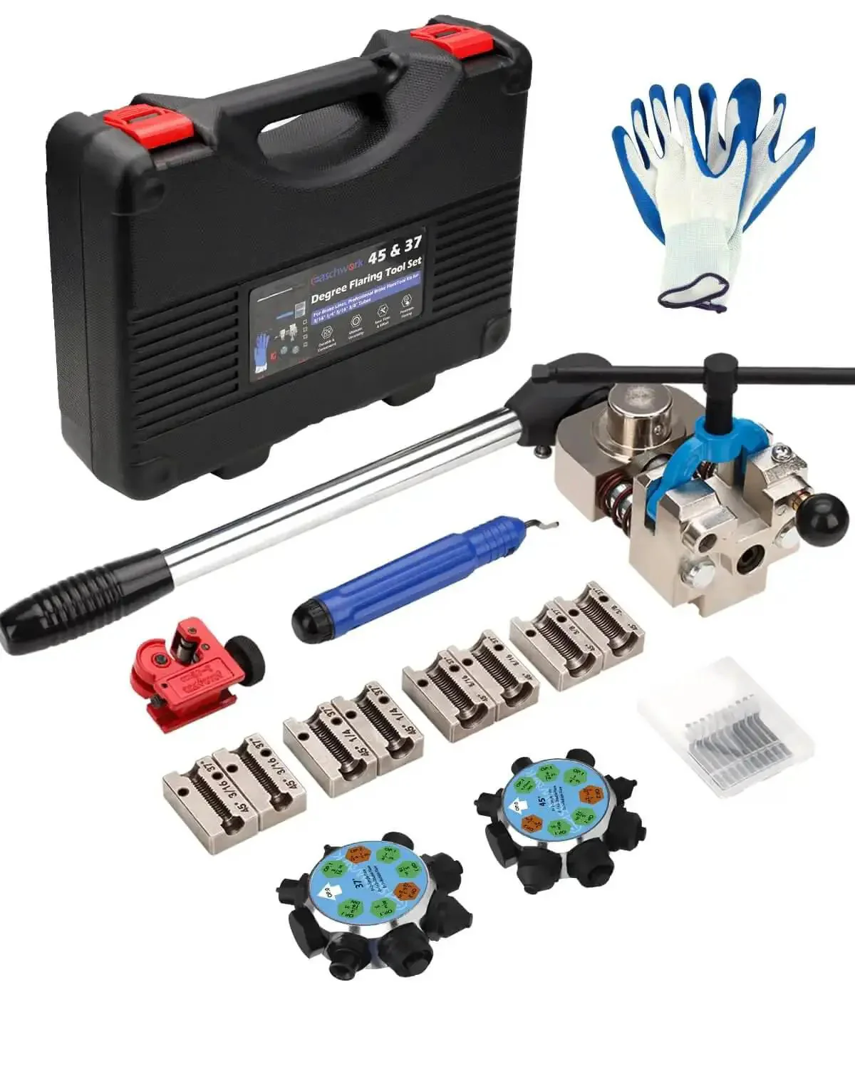 Pro Grade Brake Line Flare Tool Kit With Dual 45 And 37 Degree Flare, Single Bubble And Double Flare Options, Compatible With Copper And Aluminum Tubing In 3/16, 1/4, 5/16, 3/8 Inches, Garage Must-Have