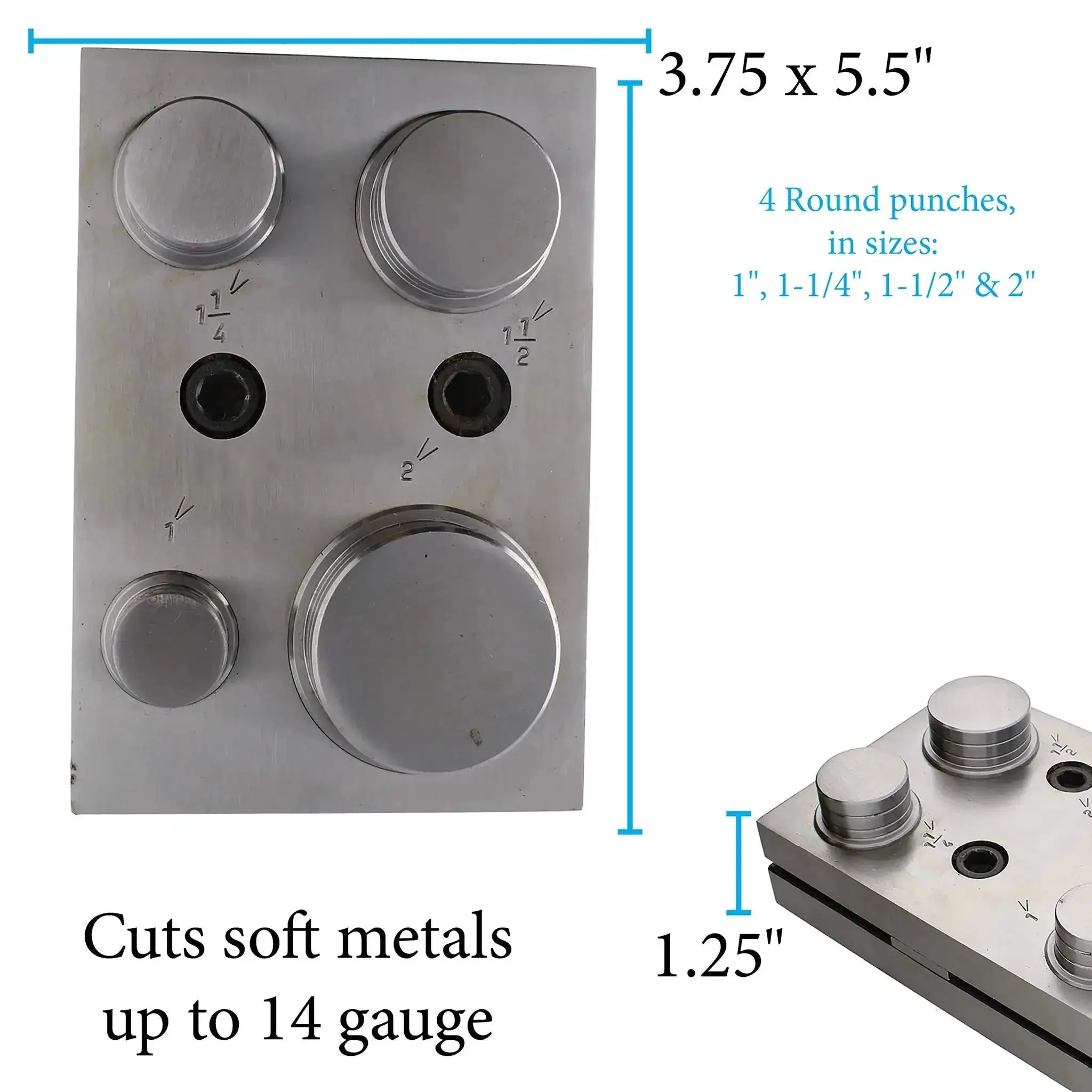 Pro Grade Circle Disc Cutter Set With Four Punches And Die For Cutting Clean Circles From Soft Metal Up To 14 Gauge Includes One Inch One And A Quarter Inch One And A Half Inch And Two Inch Sizes Hardened Alloy Steel Construction - Image 4