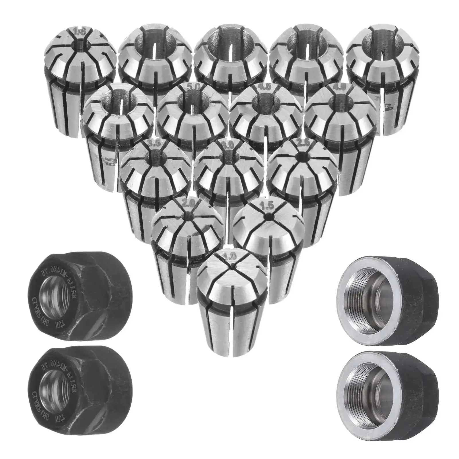 Pro Grade Complete 19 Piece Spring Collet Set With M14 Threaded Clamping Nuts For CNC Engraving Milling Lathe Tools ER11 Precision Collets From 1.0 To 7.0 Millimeter And Inch Sizes One Quarter And One Eighth