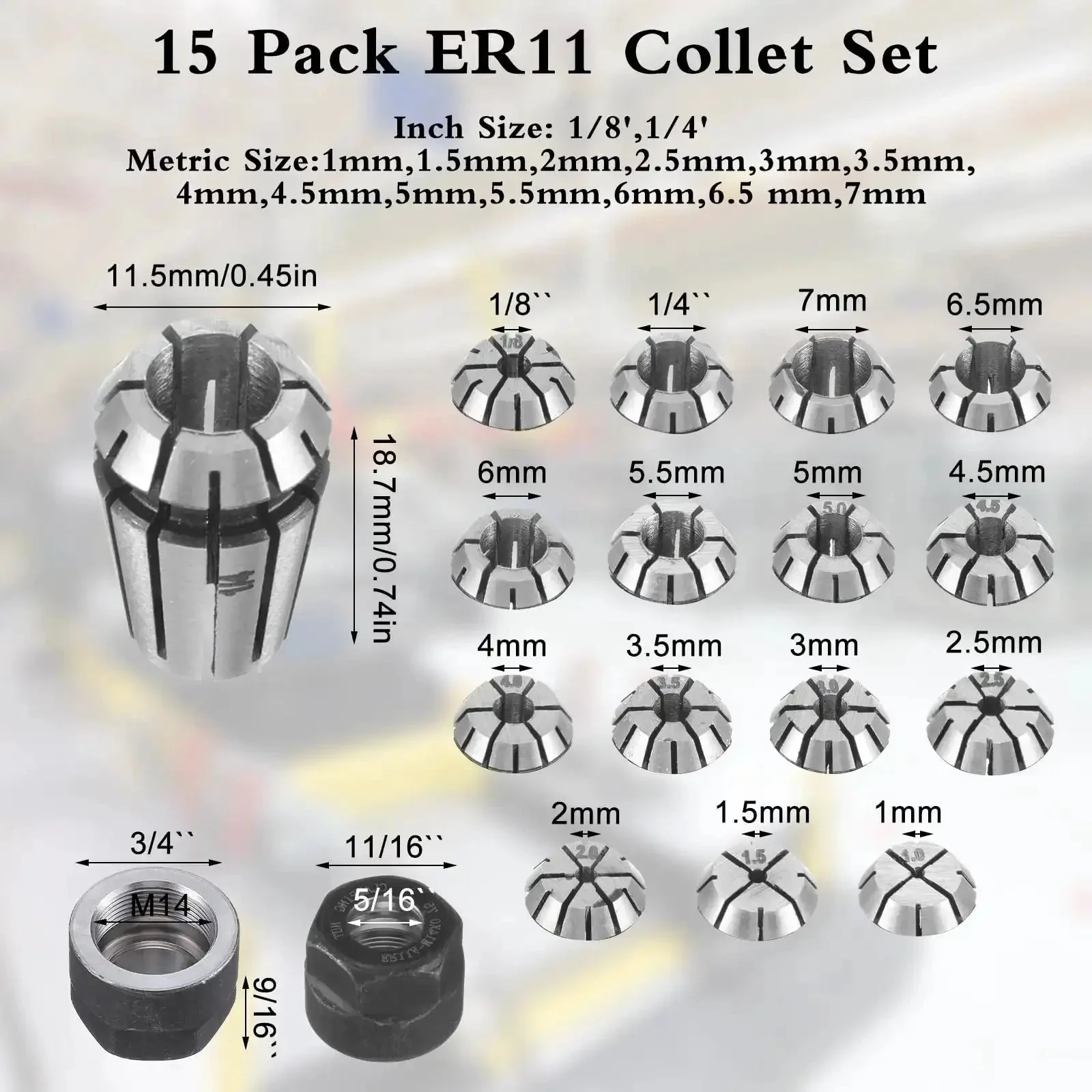 Pro Grade Complete 19 Piece Spring Collet Set With M14 Threaded Clamping Nuts For CNC Engraving Milling Lathe Tools ER11 Precision Collets From 1.0 To 7.0 Millimeter And Inch Sizes One Quarter And One Eighth - Image 7