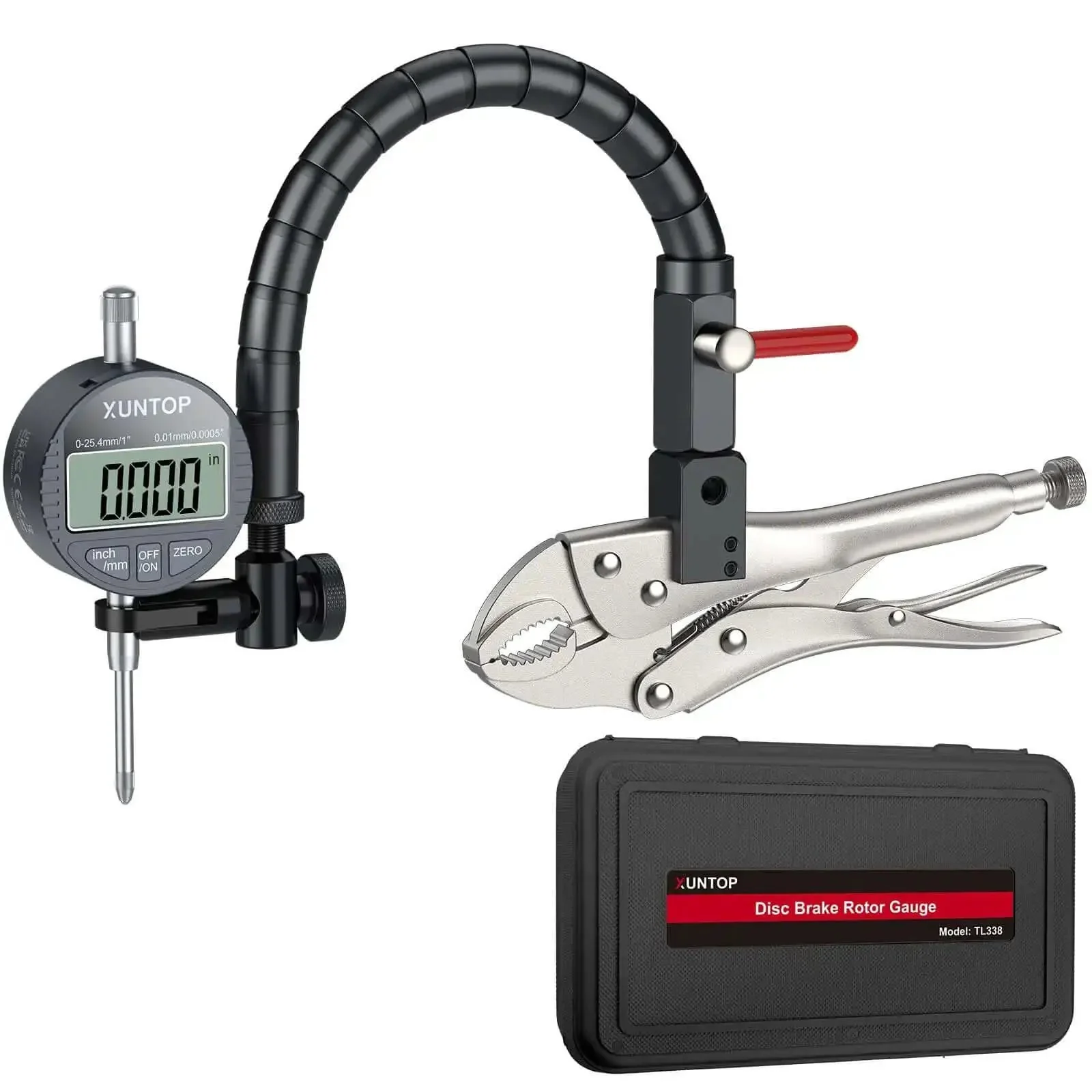 Pro Grade Digital Dial Indicator Gauge Kit With 0 To 1 Inch Range And 0.0005 Inch Resolution, 13.77 Inch Flexible Arm, 7 Inch Locking Pliers, Disc Brake Rotor Runout Gauge For Automotive Mechanical Industrial Use