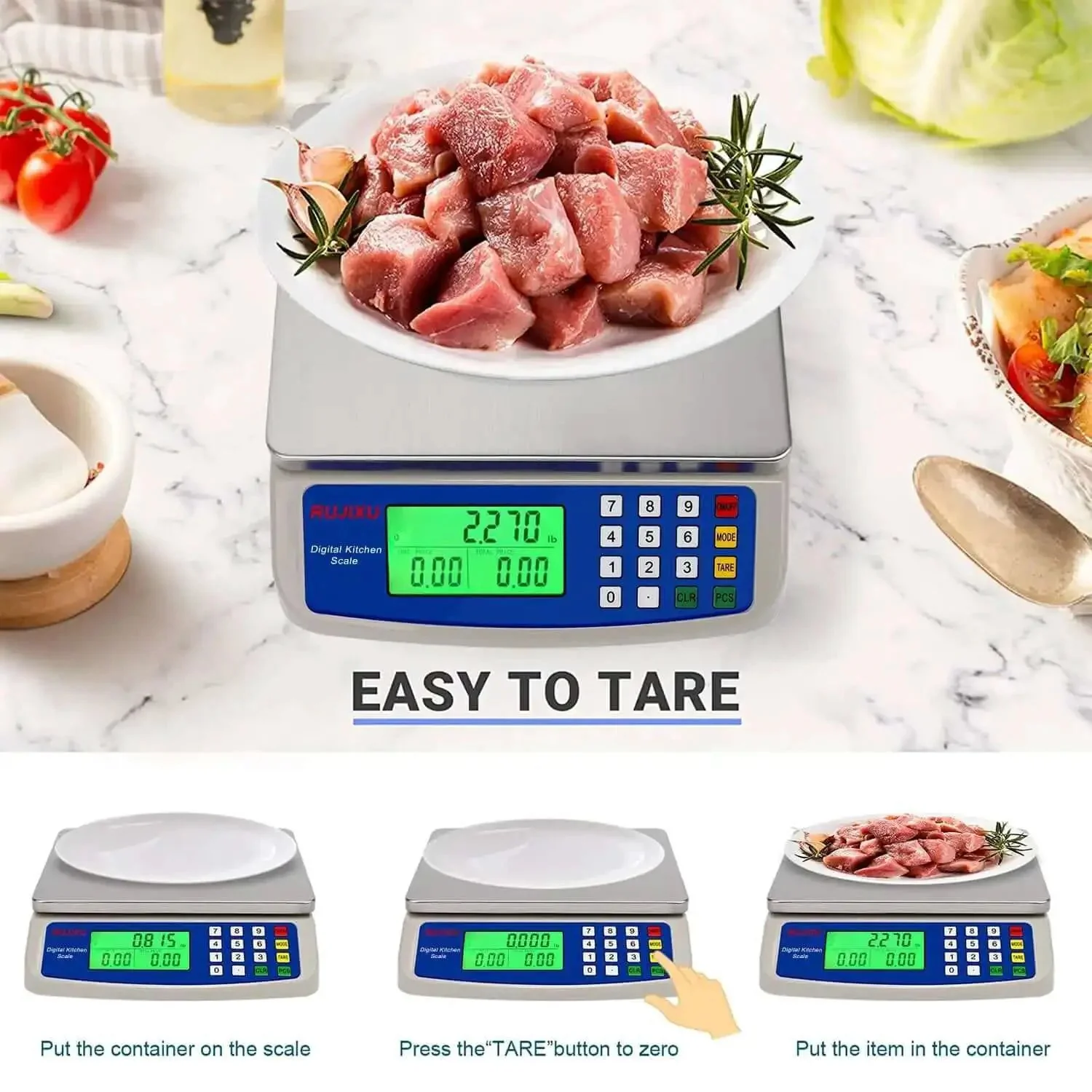 Pro Grade Digital Kitchen Scale 30Kg Commercial Food Scale 66Lb For Baking Bread And Meat, Stainless Steel, Price Computing LCD Display, Prep Counting Scale For Parts And Coins, Adapter Included - Image 4
