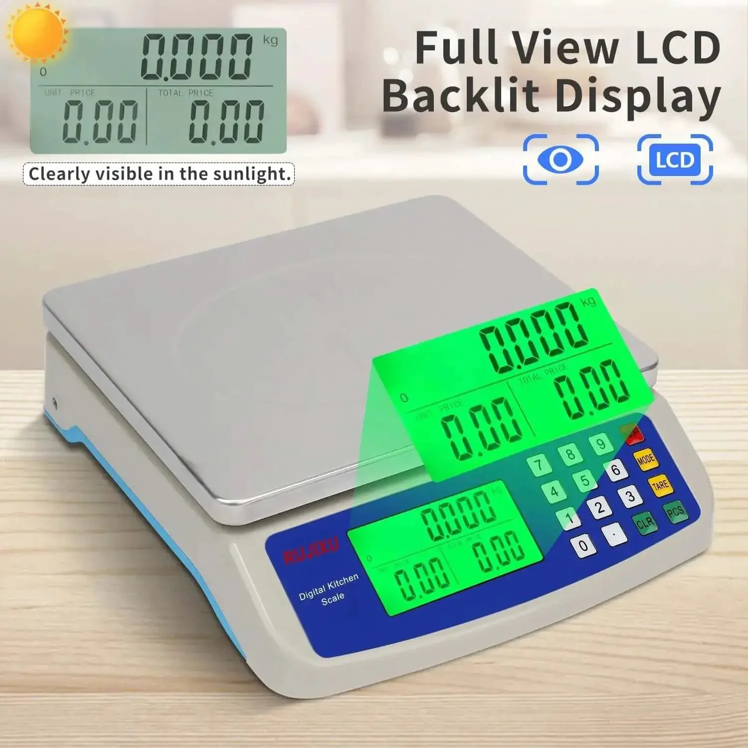 Pro Grade Digital Kitchen Scale 30Kg Commercial Food Scale 66Lb For Baking Bread And Meat, Stainless Steel, Price Computing LCD Display, Prep Counting Scale For Parts And Coins, Adapter Included - Image 7