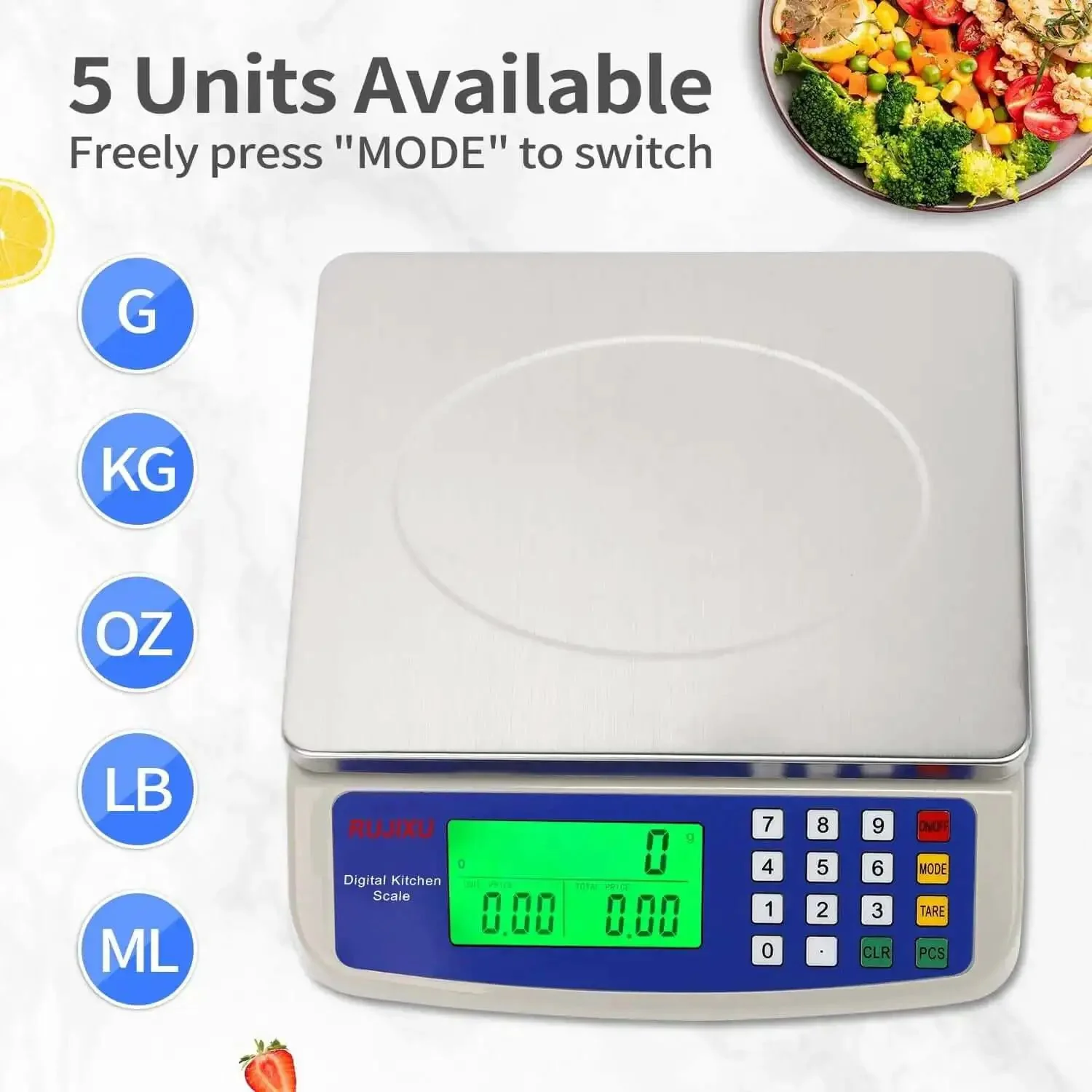 Pro Grade Digital Kitchen Scale 30Kg Commercial Food Scale 66Lb For Baking Bread And Meat, Stainless Steel, Price Computing LCD Display, Prep Counting Scale For Parts And Coins, Adapter Included - Image 8