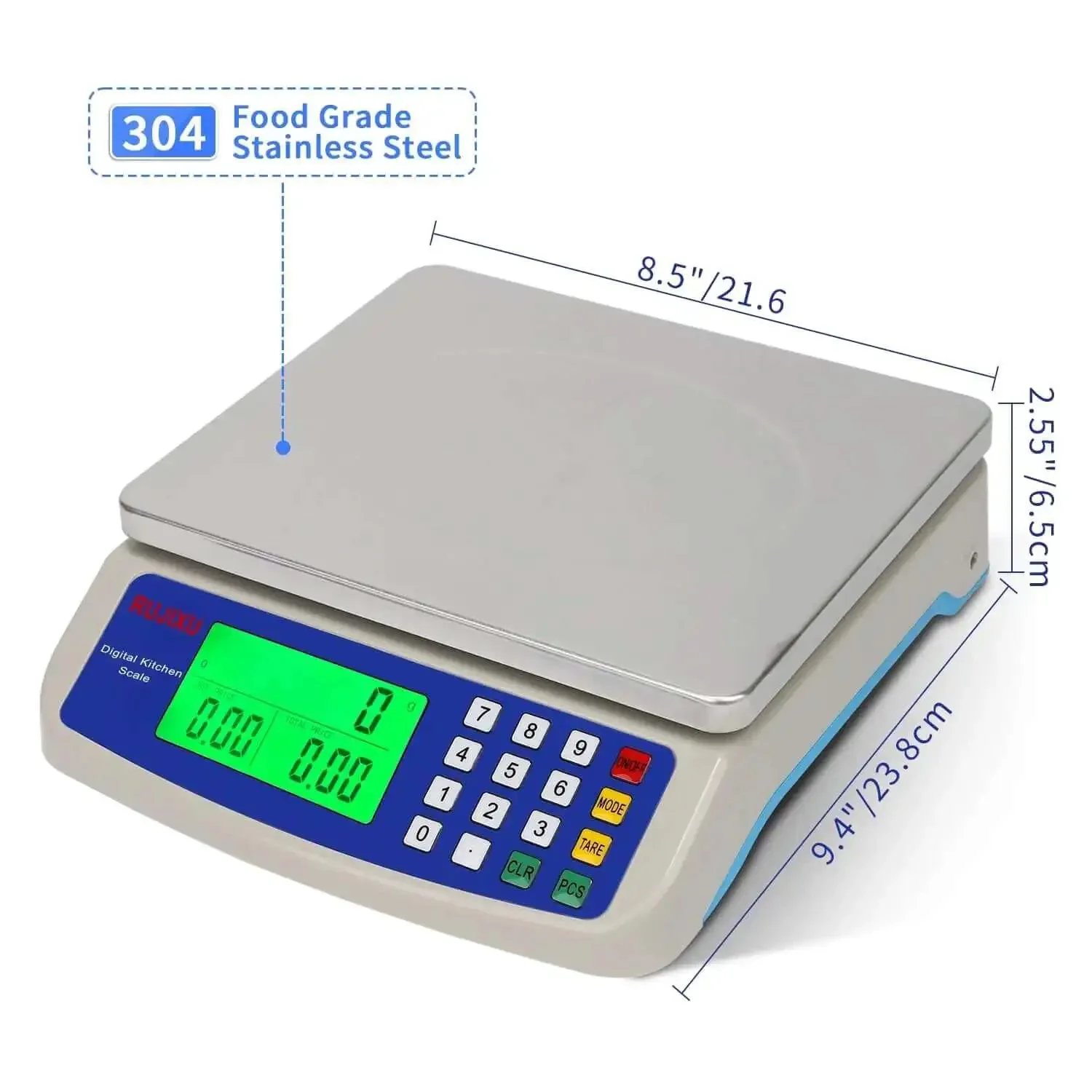 Pro Grade Digital Kitchen Scale 30Kg Commercial Food Scale 66Lb For Baking Bread And Meat, Stainless Steel, Price Computing LCD Display, Prep Counting Scale For Parts And Coins, Adapter Included - Image 9