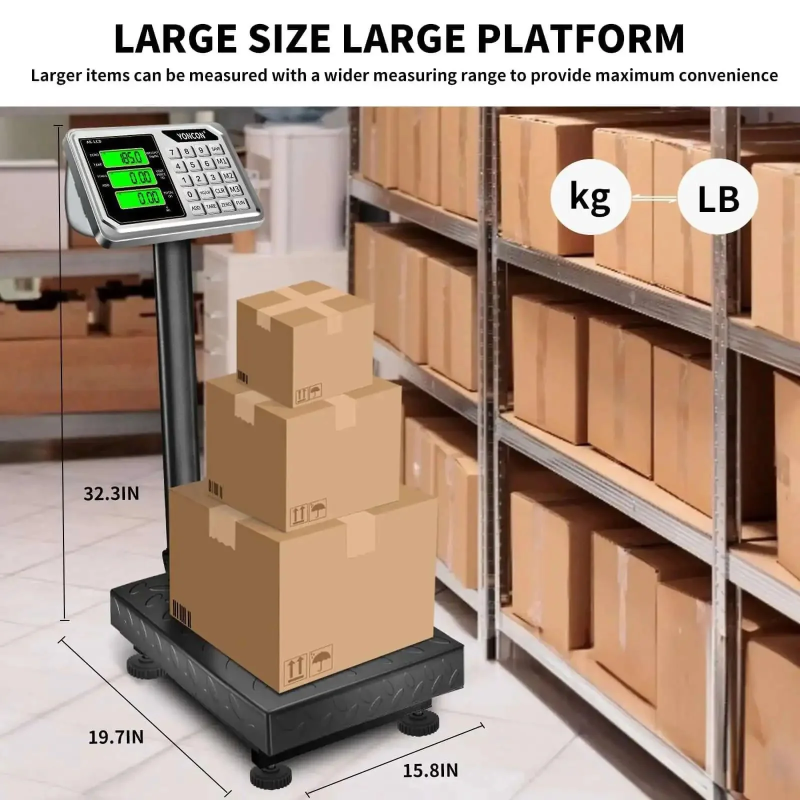 Pro Grade Digital Platform Scale For Packages And Luggage, 661 Lb Capacity, 0.1 Lb Precision, Commercial Scale With Price Computing, A6 300 Postal Scale, Kilograms And Pounds Display, LCD Screen, Adapter Included - Image 3