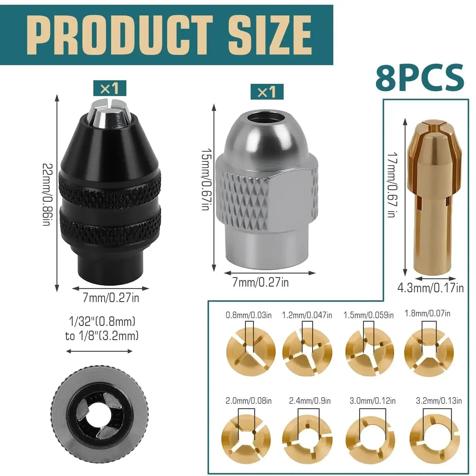 Pro Grade Drill Chuck Collet Set for Dremel Rotary Tools, Quick Change Keyless Chuck Adapter Kit, 0.5 to 3.2 mm Range, All Metal Nut, Brass Collets, 10-Piece Universal Fit for Drill Bits, Sanding, Polishing and Cutting Attachments - Image 7