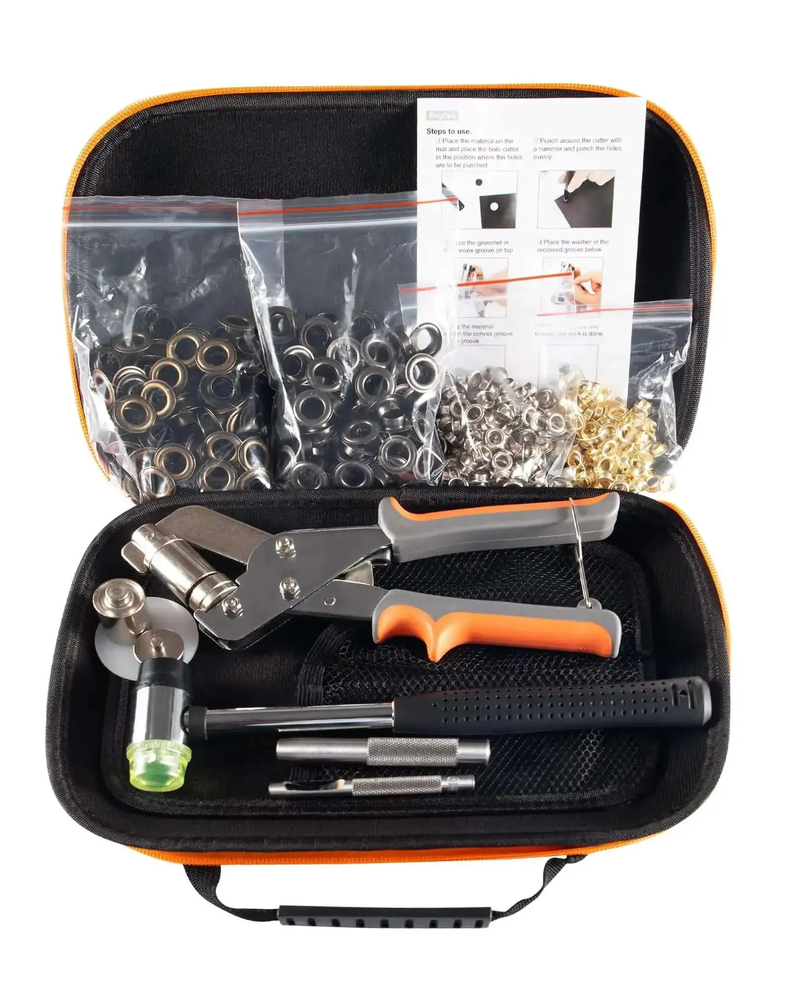 Pro Grade Grommet Kit With Hammer And Bag Includes 200 10mm And 300 6mm Grommets Two Hole Puncher And Eyelet Tool For DIY Tarps Leather Belts Shoes Fabric Banners PVC Tarpaulin Carport Installation Backer Block - Image 7