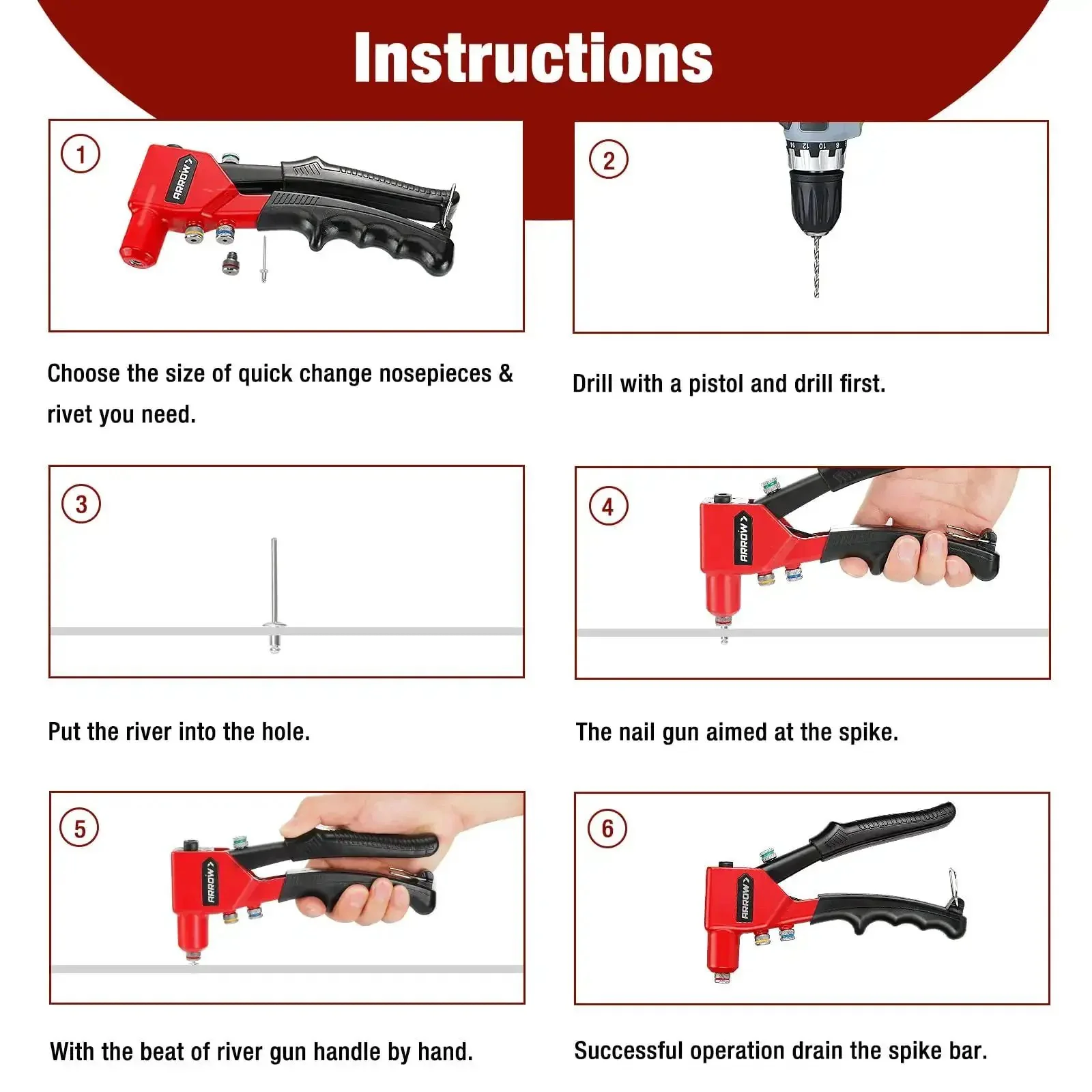 Pro Grade Hand Riveter Kit With Four Interchangeable Heads For 3 32nd Inch, 1 8th Inch, 5 32nd Inch, And 3 16th Inch Rivets Includes 100 Rivets (25 Each) For Metal, Gutter, And Automotive Work - Image 4