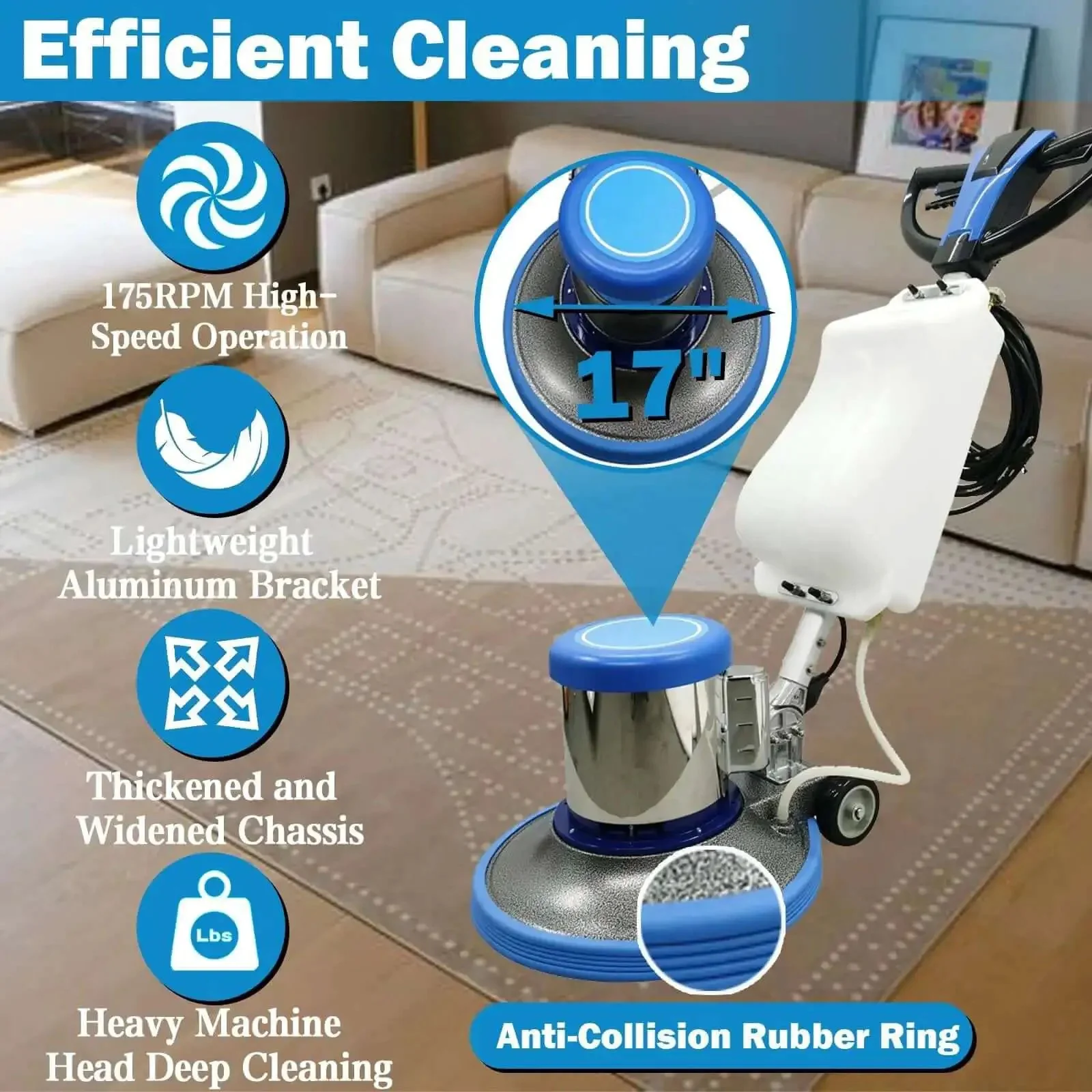 Pro Grade Heavy Duty 17 Inch Floor Polisher And Buffer Machine With 3 Gallon Tank 3 Brush Heads 175 RPM For Commercial Scrubbing Polishing Waxing And Deep Cleaning On Wood Marble Concrete Epoxy Floors And Carpet - Image 8