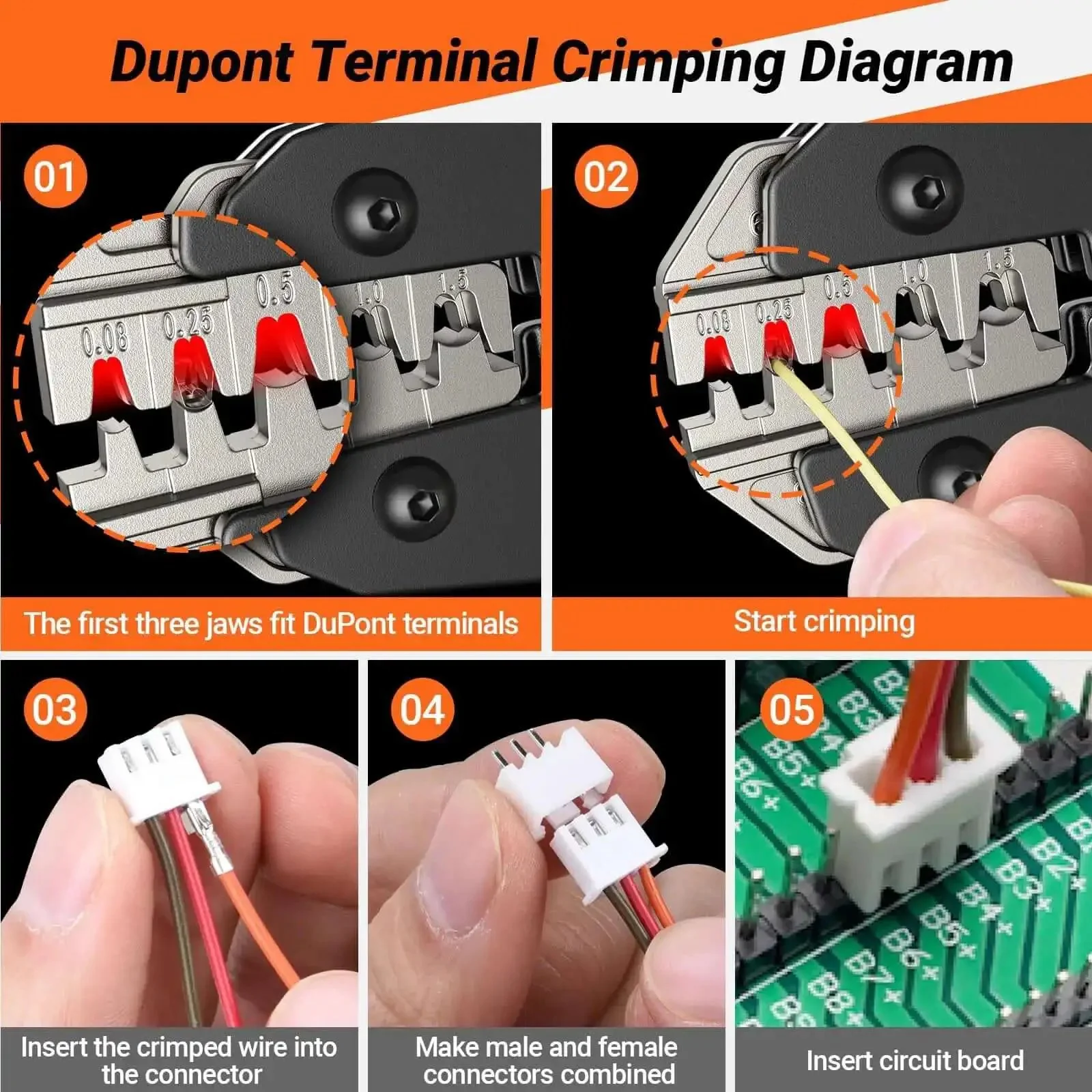 Pro Grade Heavy Duty Five In One Wire Crimping Tool For Dupont And Open Barrel Terminals With Ratcheting Jaw System And Five Marked Precision Jaws, Compatible With Deutsch JST Molex Delphi AMP And Other Automotive Wire Connectors - Image 6