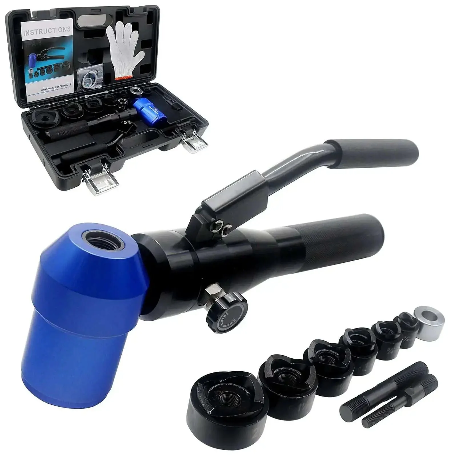 Pro Grade Heavy Duty Knockout Hole Punch Driver Kit With Six Dies, 360 Degree Rotating Electrical Conduit Hole Cutter Set, KO Tool For Metal Sheets, Hydraulic Hole Digger, Ultra Portable Carry Case, Blue
