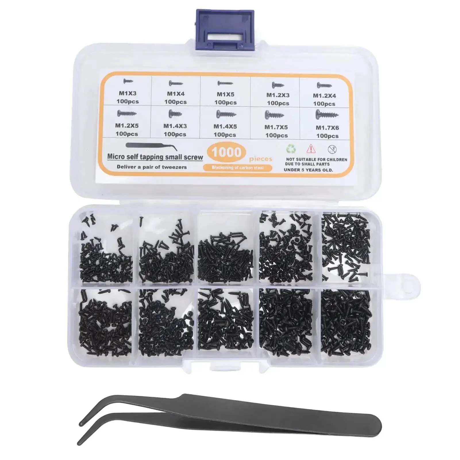 Pro Grade Heavy Duty Self Tapping Screws Set In Carbon Steel With Cross Pan Head And Deep Threads 1000 Pieces Assortment Kit In Ten Sizes With Tweezers Storage Box For Glasses Watches Clocks Toys And Small Projects - Image 5