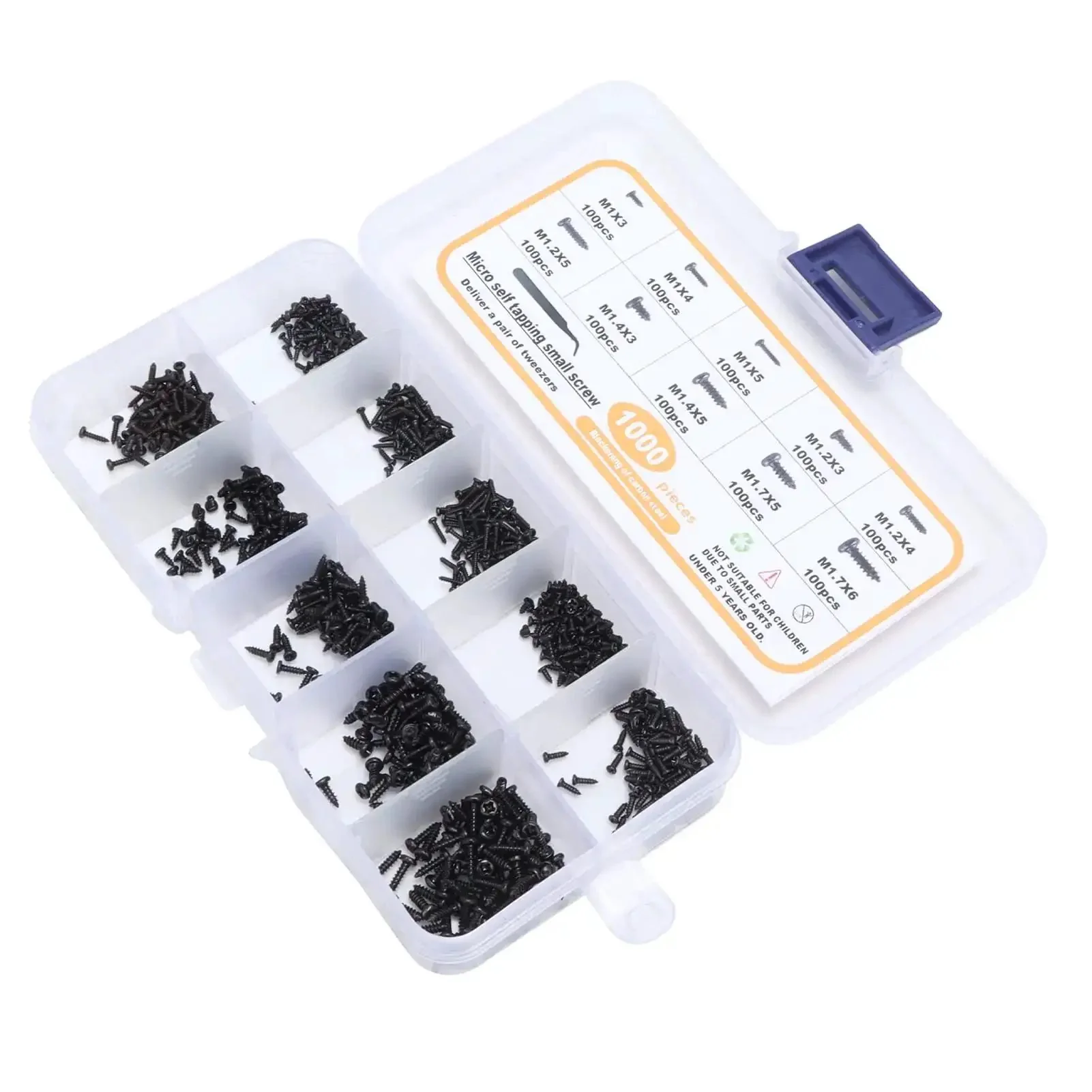 Pro Grade Heavy Duty Self Tapping Screws Set In Carbon Steel With Cross Pan Head And Deep Threads 1000 Pieces Assortment Kit In Ten Sizes With Tweezers Storage Box For Glasses Watches Clocks Toys And Small Projects - Image 8