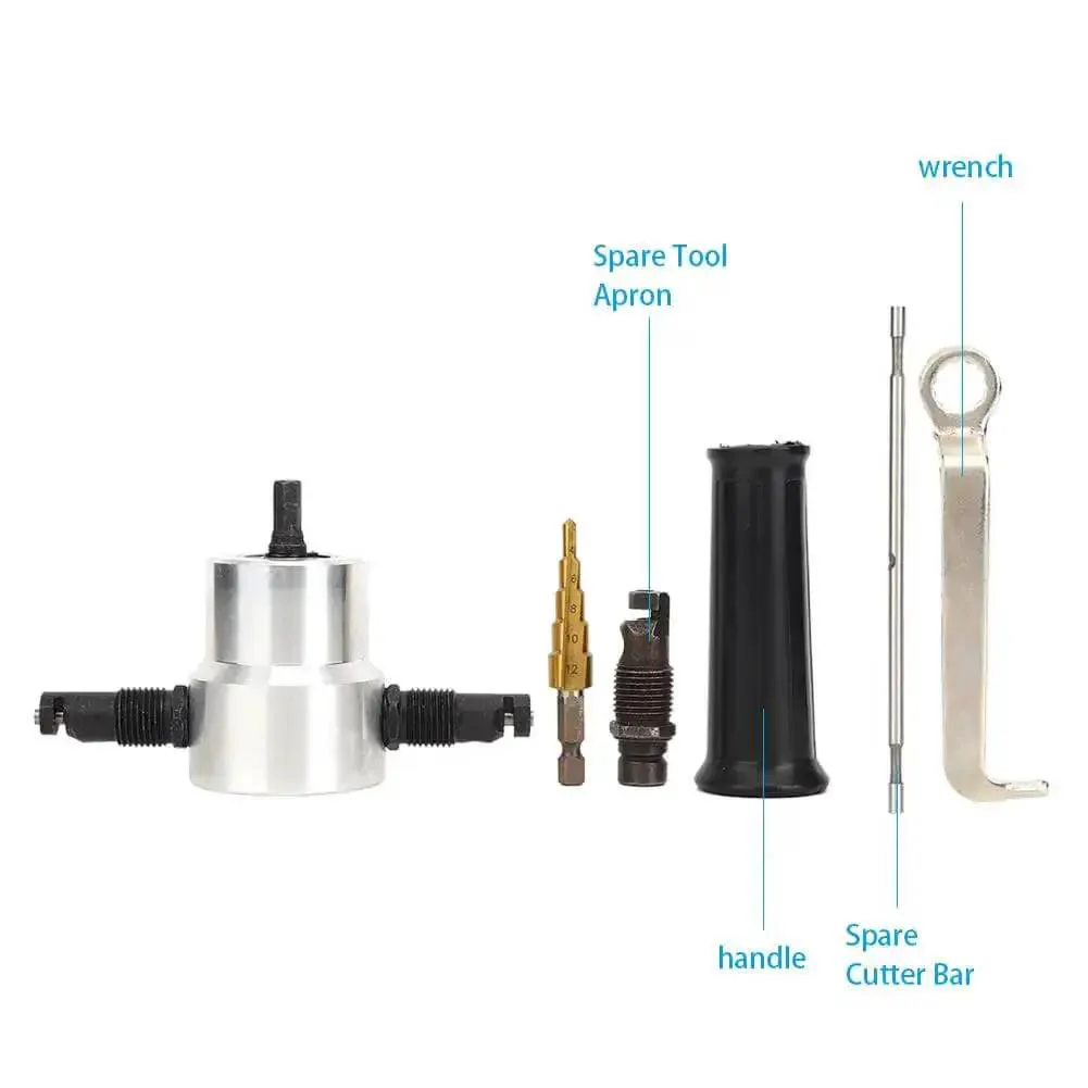 Pro Grade High Precision Metal Sheet Cutter Kit With Six 130x60mm Double Head Nibbler Drill Attachments For Car Repair And Thin Metal Cutting, Smooth Edges, No Burrs, Works On Iron, Steel, Aluminum And Copper - Image 2