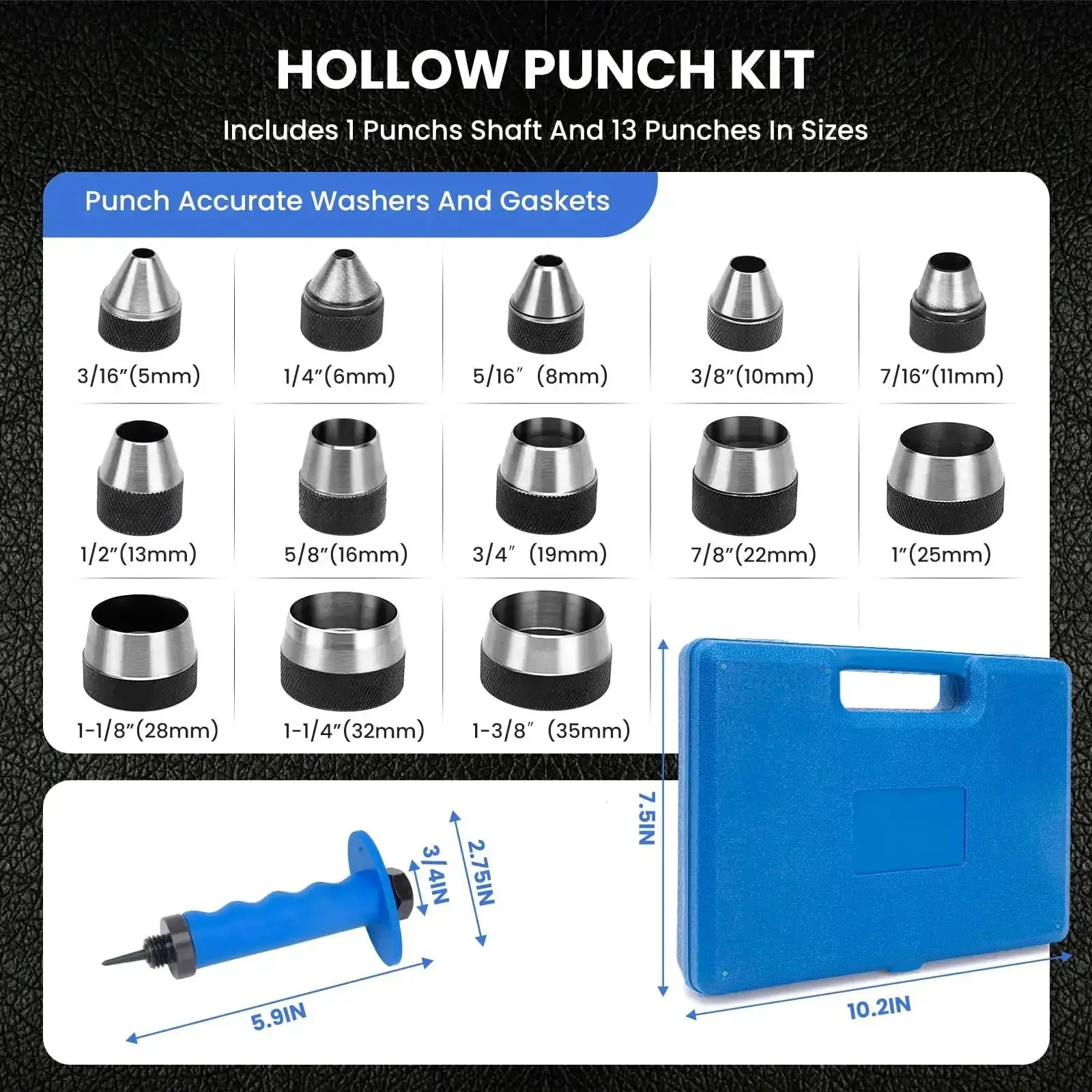 Pro Grade Hollow Punch Kit With Pin Point Shaft For Gaskets And Leather Work Rubber Hole Cutter Set With Thirteen Sizes From Three Sixteenths To One And Three Eighths Inch Includes Case And Spring Center Pin For Precise Holes And Easy Gasket Prep - Image 6