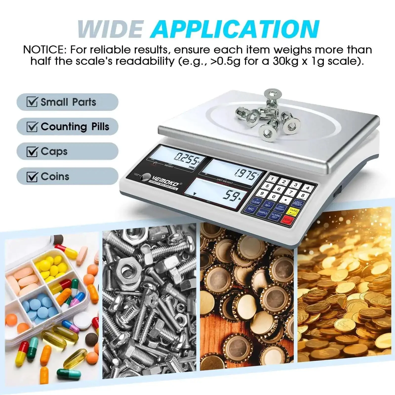 Pro Grade Industrial Counting Scale For Small Parts With 30 Kg And 66 Lb Capacity, 1G Precision, Switchable Units In Grams, Kilograms And Pounds, Triple Screen Display For Jewelry, Coins, Precious Metals And Piece Counting - Image 2
