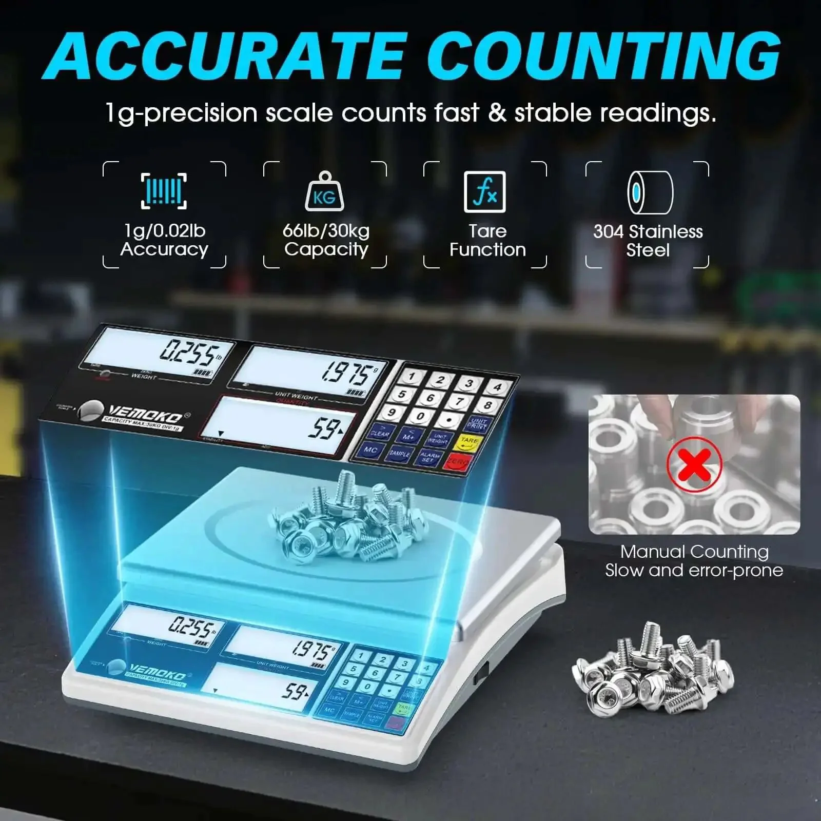 Pro Grade Industrial Counting Scale For Small Parts With 30 Kg And 66 Lb Capacity, 1G Precision, Switchable Units In Grams, Kilograms And Pounds, Triple Screen Display For Jewelry, Coins, Precious Metals And Piece Counting - Image 6