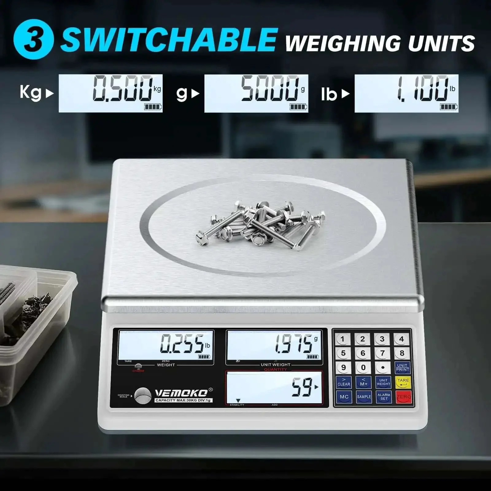 Pro Grade Industrial Counting Scale For Small Parts With 30 Kg And 66 Lb Capacity, 1G Precision, Switchable Units In Grams, Kilograms And Pounds, Triple Screen Display For Jewelry, Coins, Precious Metals And Piece Counting - Image 7