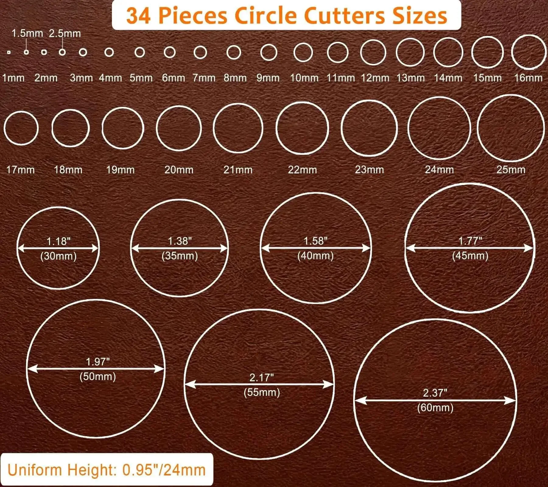 Pro Grade Leather Circle Cutter Tool Set 34-Piece Circle Punch Kit For DIY Leathercrafts With 1mm To 25mm And 30 To 60mm Sizes, High Carbon Steel, Heavy Duty Leather Hole Punch Dies - Image 8