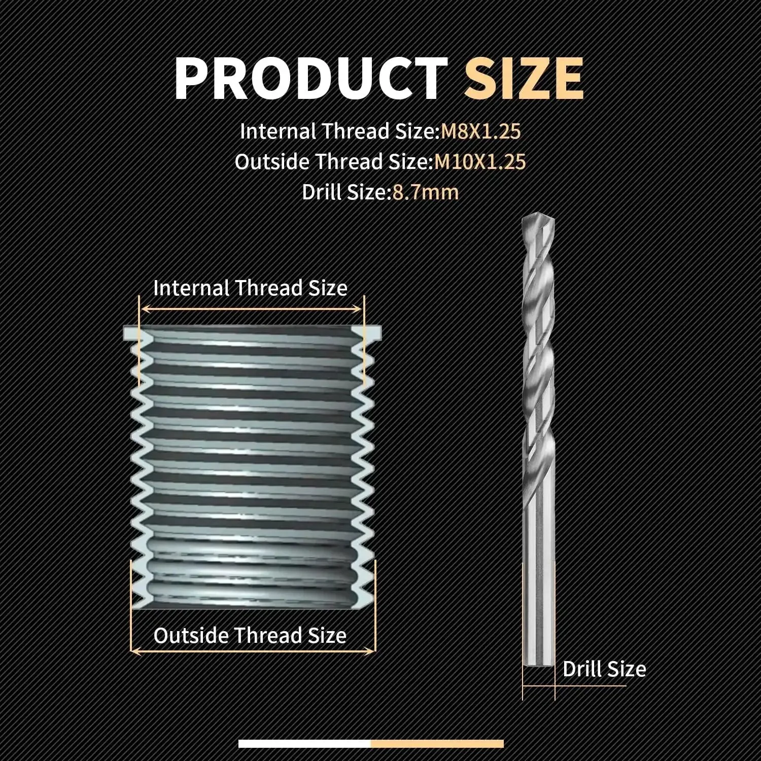Pro Grade M8x1.25 Thread Repair Kit With Stainless Steel Inserts 11.7mm And 16.2mm Includes HSS Drill Tap Counterbore Install Driver Ten Inserts Durable Internal Thread Repair For Metal DIY Shop - Image 3