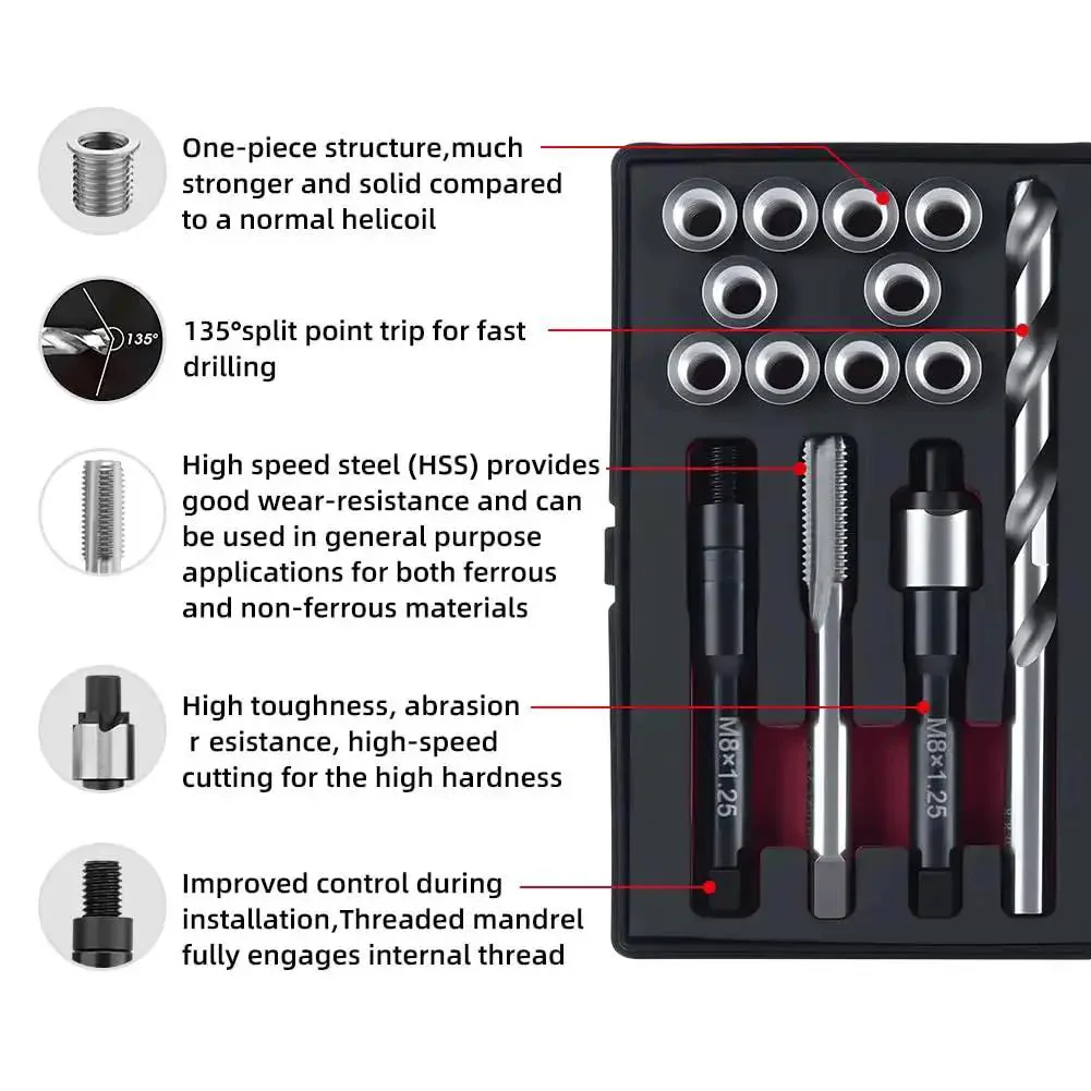 Pro Grade M8x1.25 Thread Repair Kit With Stainless Steel Inserts 11.7mm And 16.2mm Includes HSS Drill Tap Counterbore Install Driver Ten Inserts Durable Internal Thread Repair For Metal DIY Shop - Image 7