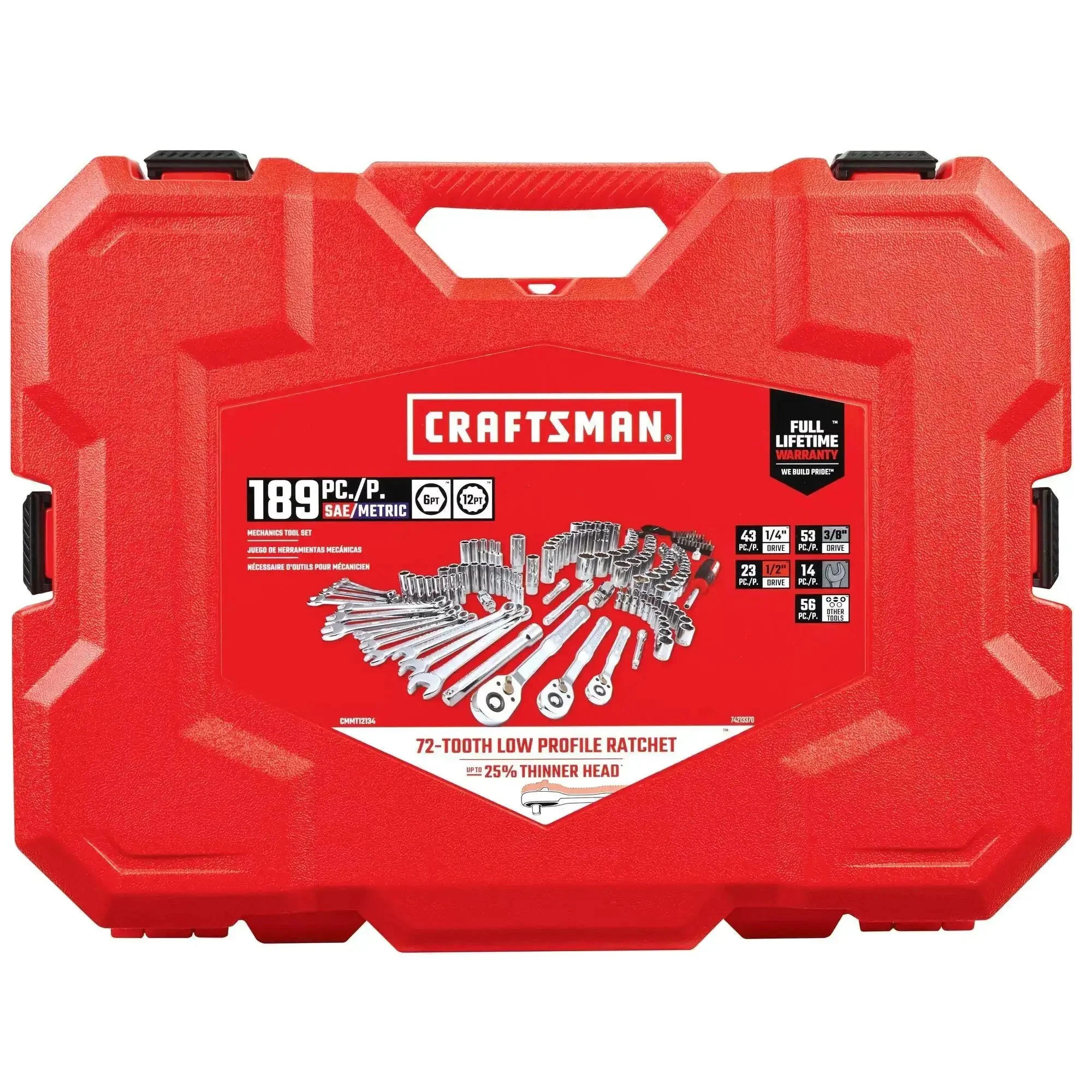 Pro Grade Mechanics Tool Set 189 Piece With One Quarter Inch Three Eighths Inch And One Half Inch Drive Sockets And Wrenches Thin Low Profile Ratchet 72 Tooth Steel Six And Twelve Point Sockets Hex Keys And Specialty Bits In Blow Mold Case - Image 2