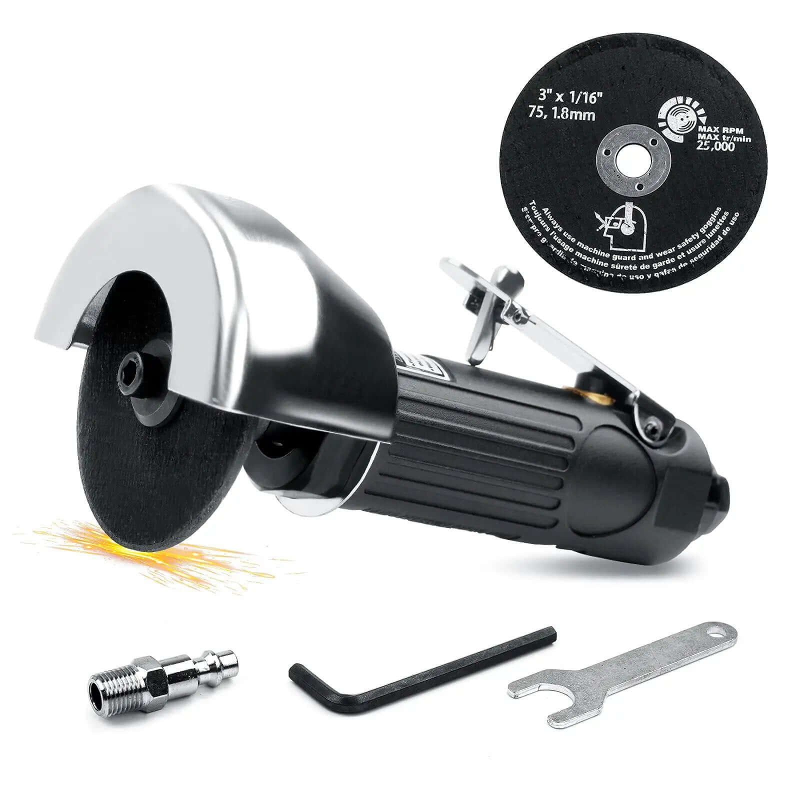 Pro Grade Pneumatic Cut Off Tool Kit With Two 3 Inch Die Grinder Cut Off Wheels Heavy Duty Metal Sheet Cutter Up To 20000 RPM Complete Set With Wrenches And One Quarter Inch NPT Fitting Ready To Tackle Metal Cutting Tasks