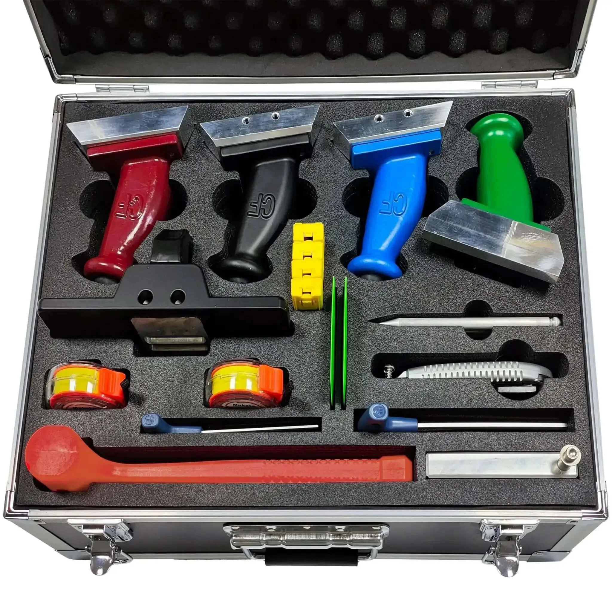 Pro Grade Pre Insulated Duct Panel Cutter Kit With Five Cutter Heads Featuring Straight, 45 Left, 45 Right, Side Shape, And V Shape Cuts Color Coded For Quick ID Works With Polyurethane Duct Panels
