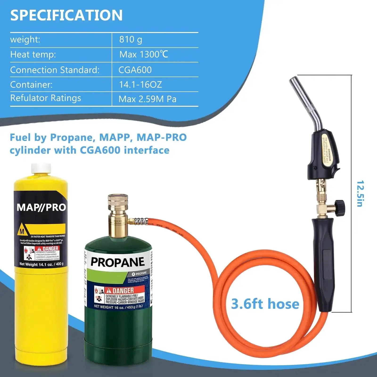 Pro Grade Propane Torch Hose Kit With 3.6 Foot Hose, MAP Gas Torch Kit With Trigger Start And Adjustable Heat Up To 3600F, Soldering And Welding Fuel System For MAP And Propane, Includes Cylinder Clip - Image 6