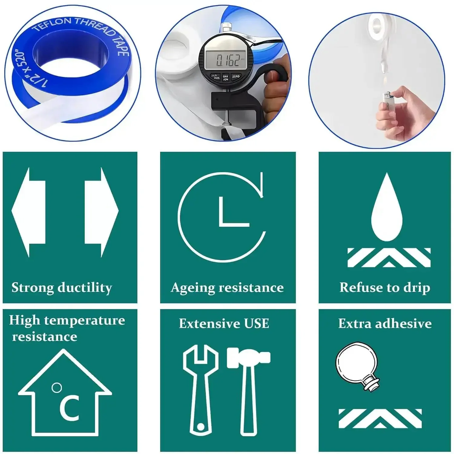 Pro Grade PTFE Plumbing Tape, Teflon Sealant Tape Half Inch By 520 Inches, 5.5 Mil Thickness, Waterproof Leak Seal For Gas And Water Lines, Heat Resistant From Minus Two Hundred Twelve Fahrenheit To 500 Fahrenheit, 10 Rolls - Image 8