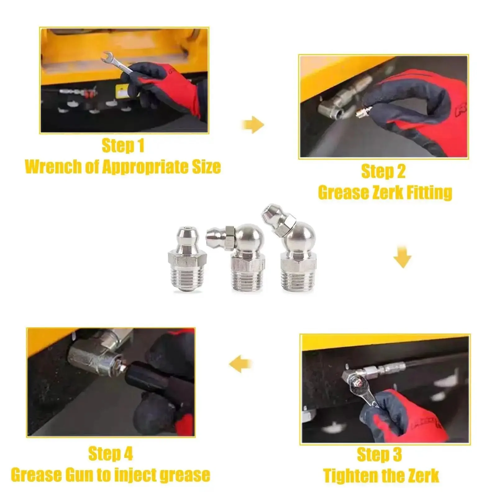 Pro Grade Quarter Inch 28 Thread Grease Fitting Assortment Kit With Straight 45 Degree And 90 Degree Zerk Fittings, Galvanized Steel Lubrication Fittings And Gun Tips For Industrial, Agricultural Machinery, Cars And Ships - Image 4