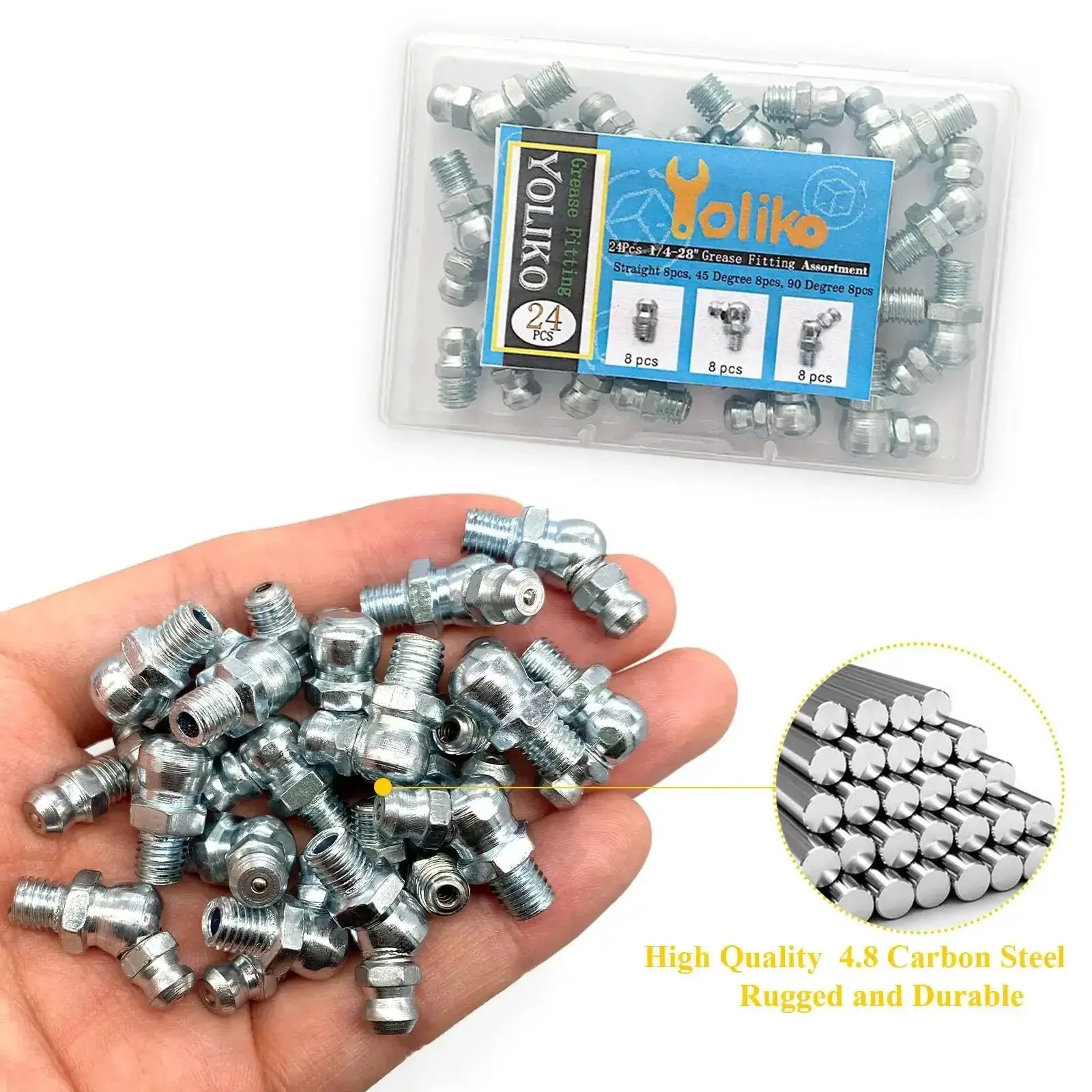 Pro Grade Quarter Inch 28 Thread Grease Fitting Assortment Kit With Straight 45 Degree And 90 Degree Zerk Fittings, Galvanized Steel Lubrication Fittings And Gun Tips For Industrial, Agricultural Machinery, Cars And Ships - Image 5