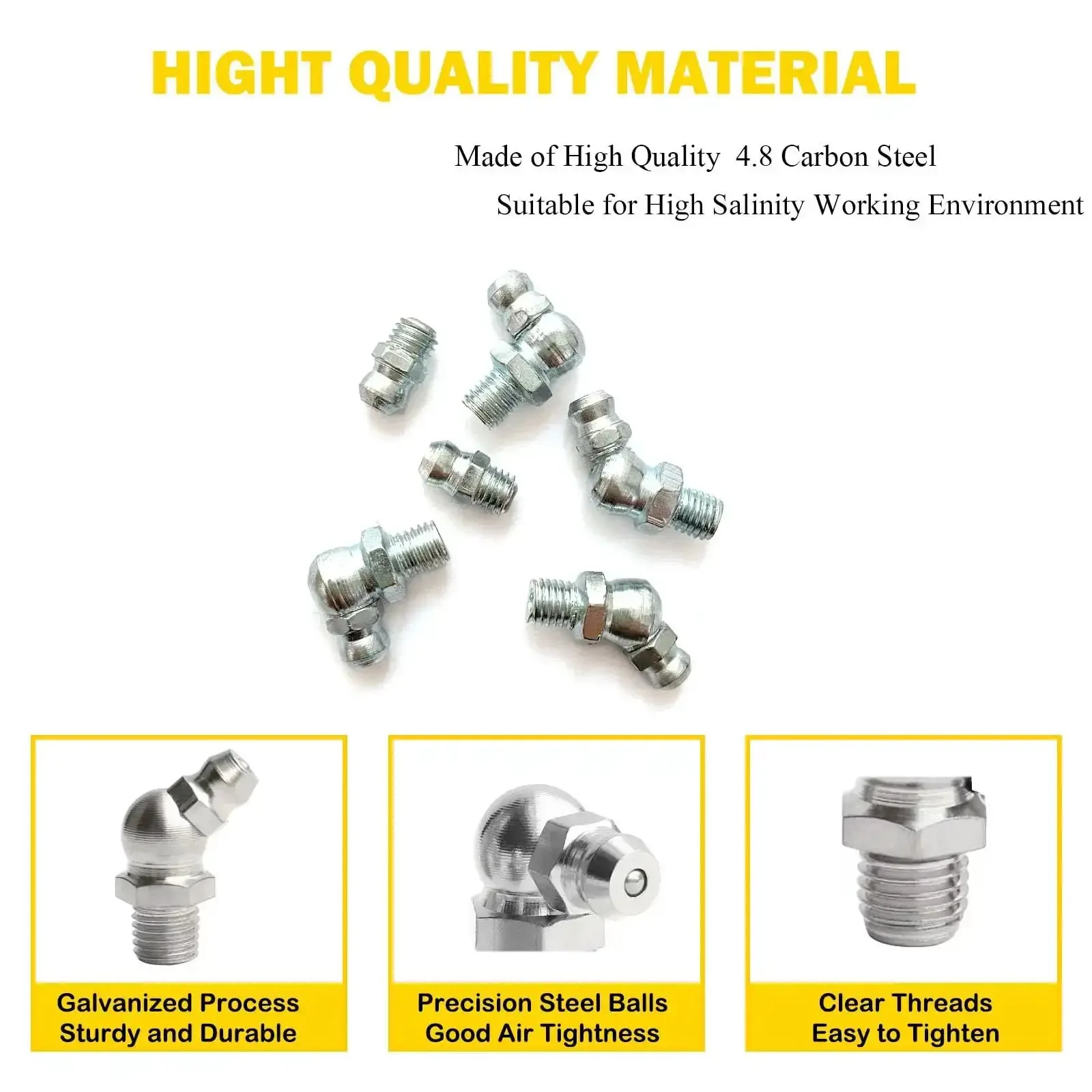 Pro Grade Quarter Inch 28 Thread Grease Fitting Assortment Kit With Straight 45 Degree And 90 Degree Zerk Fittings, Galvanized Steel Lubrication Fittings And Gun Tips For Industrial, Agricultural Machinery, Cars And Ships - Image 6