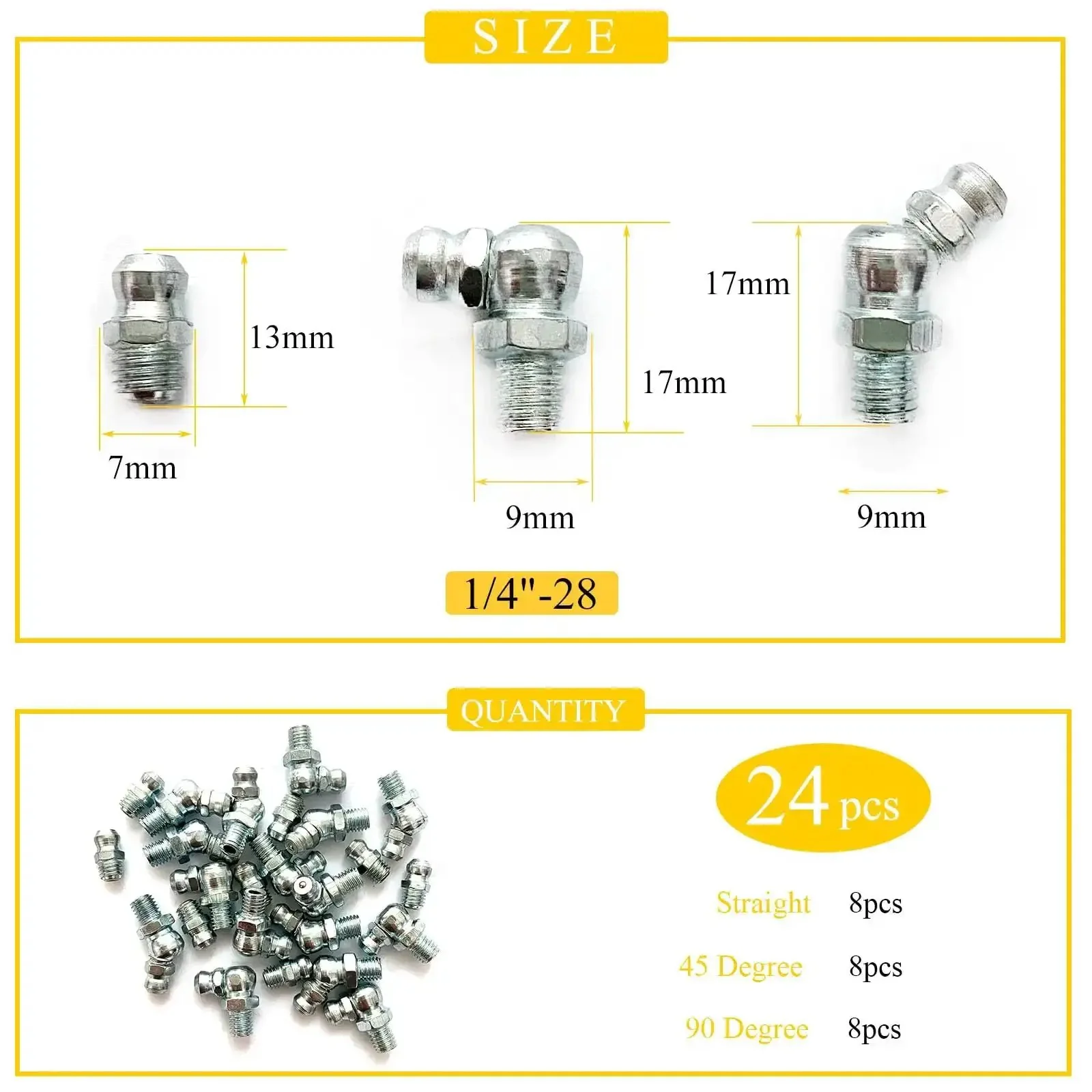 Pro Grade Quarter Inch 28 Thread Grease Fitting Assortment Kit With Straight 45 Degree And 90 Degree Zerk Fittings, Galvanized Steel Lubrication Fittings And Gun Tips For Industrial, Agricultural Machinery, Cars And Ships - Image 7