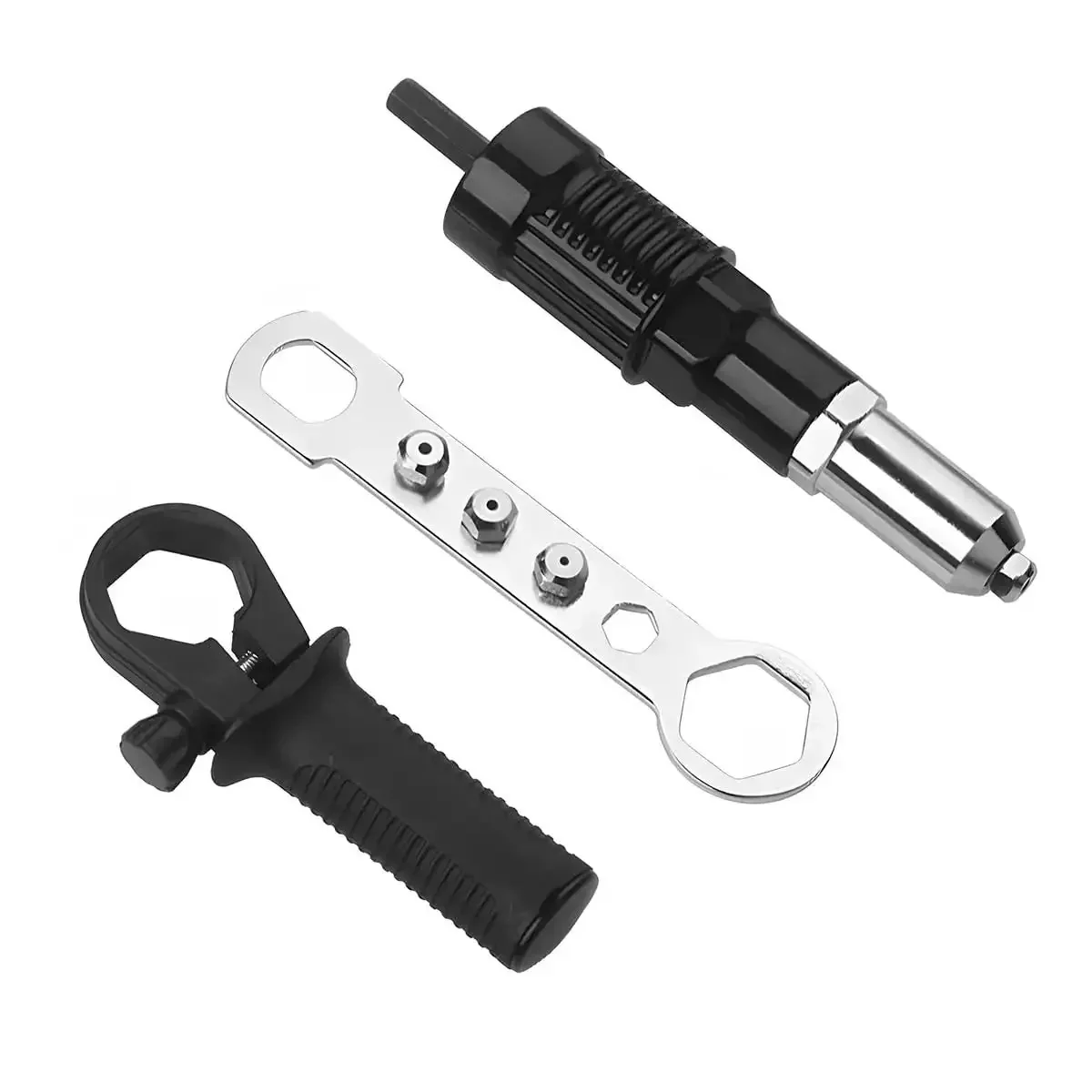 Pro Grade Rivet Gun Adapter Kit For Cordless Drills With Alloy Steel Head And Comfortable Grip Four Rivet Heads Pop Riveting Nut Tool Drill Attachment Universal Fit Built Tough Rugged Riveter Accessory For Quick And Clean Metal Fastening