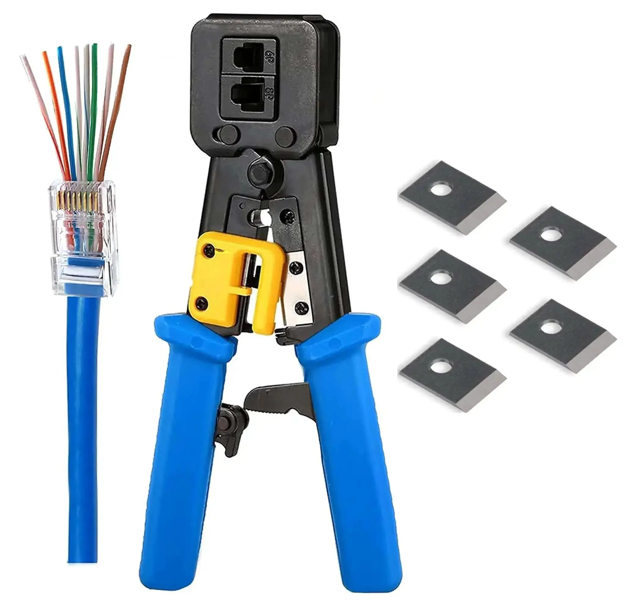 Pro Grade RJ45 Crimp Tool Pass Through Kit With 5 Replacement 8 Pin Blades For Cat5 Cat5e Cat6 Ethernet Cables RJ11 RJ12 End And Regular Pass Through Connectors Cuts Strips And Crimps Twisted Pair Cable Includes 1 Tool And 5 Blades